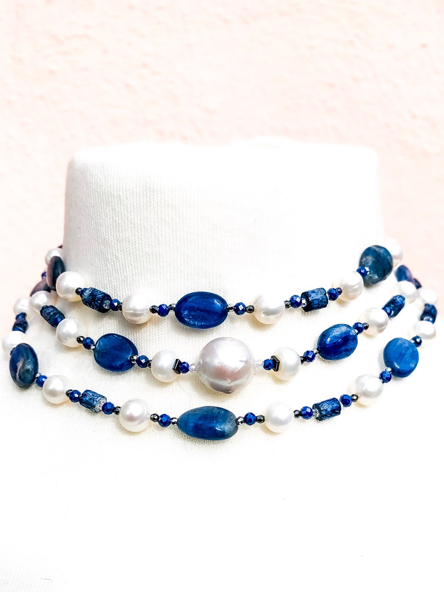 HAUTE : Art Deco - Kyanite, Pearl, Hematite, CZ, Coral Necklace - Long / H31AD