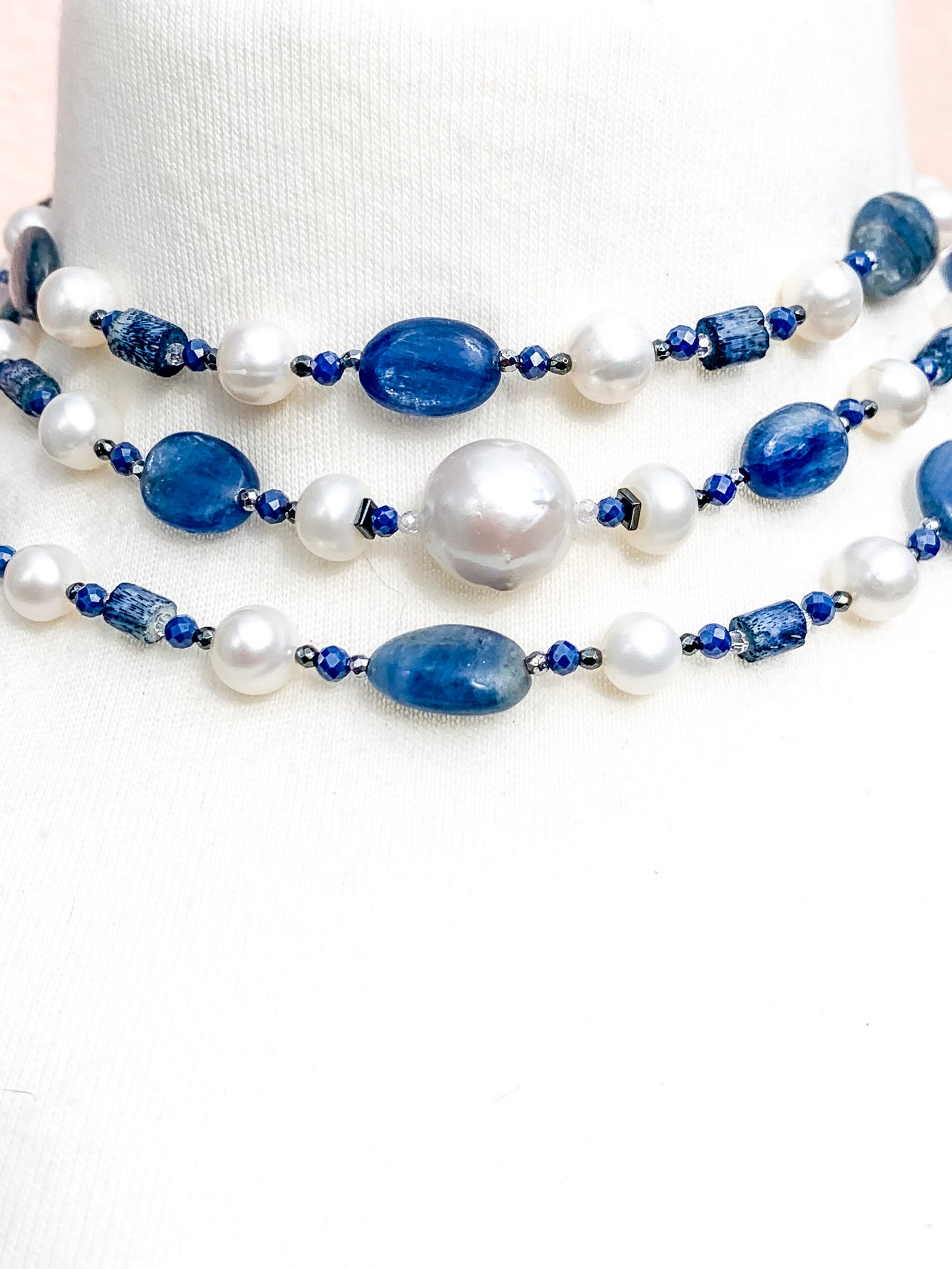 HAUTE : Art Deco - Kyanite, Pearl, Hematite, CZ, Coral Necklace - Long / H31AD