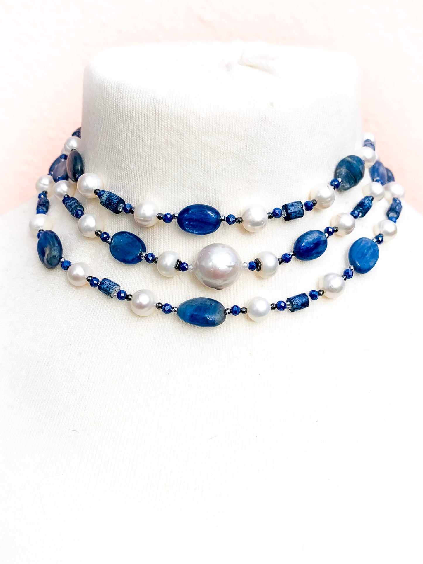 HAUTE : Art Deco - Kyanite, Pearl, Hematite, CZ, Coral Necklace - Long / H31AD