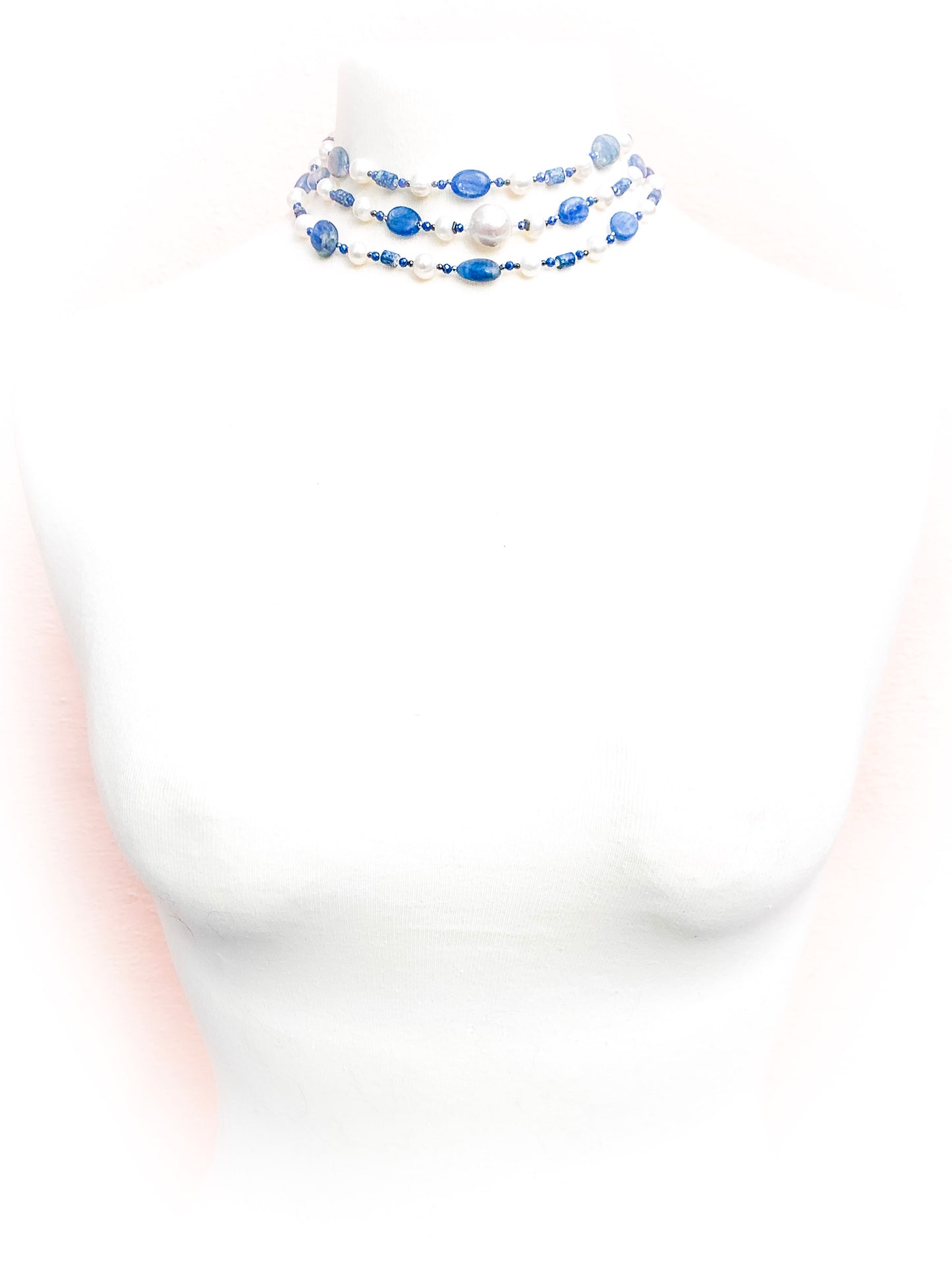 HAUTE : Art Deco - Kyanite, Pearl, Hematite, CZ, Coral Necklace - Long / H31AD