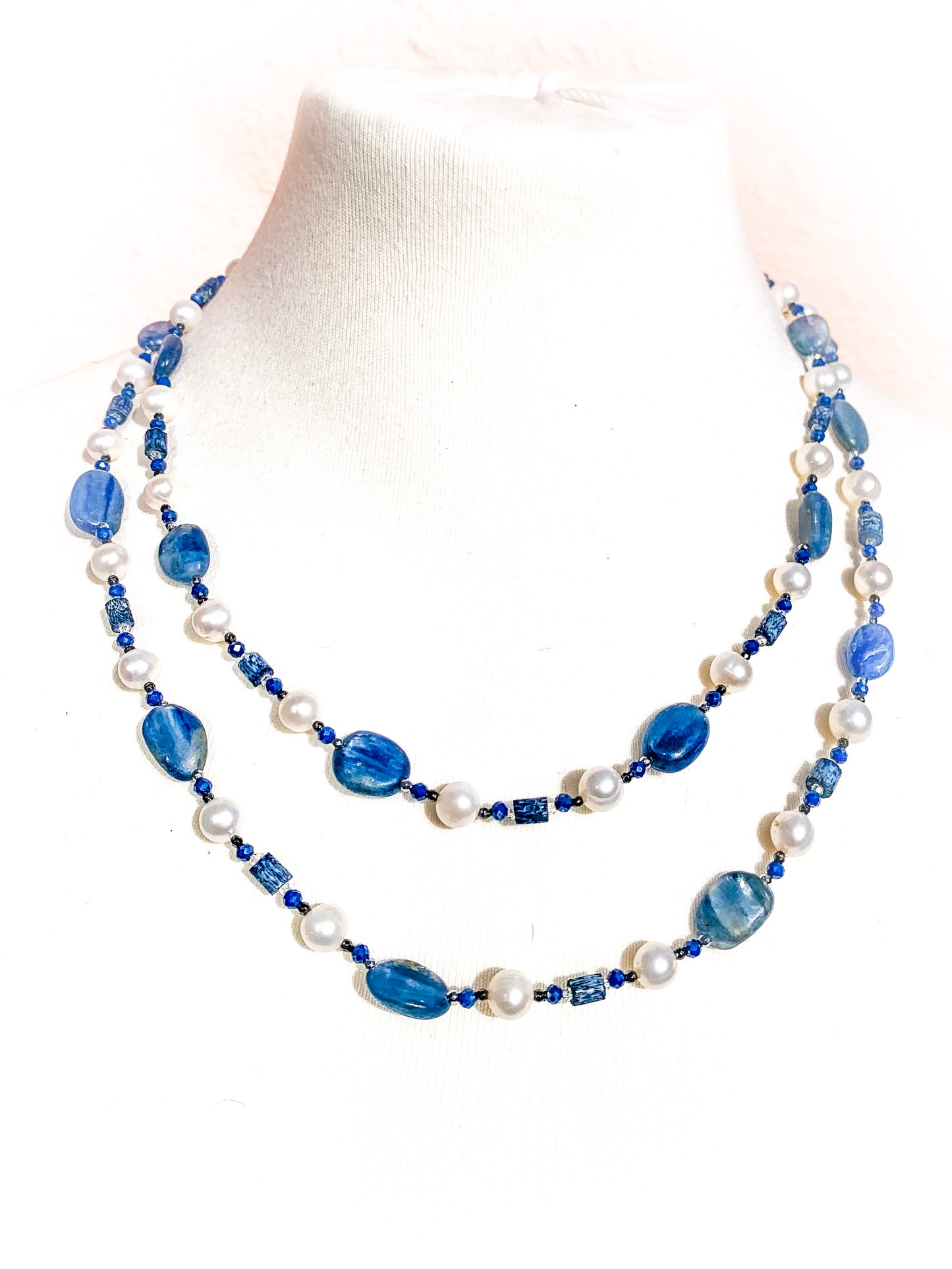 HAUTE : Art Deco - Kyanite, Pearl, Hematite, CZ, Coral Necklace - Long / H31AD