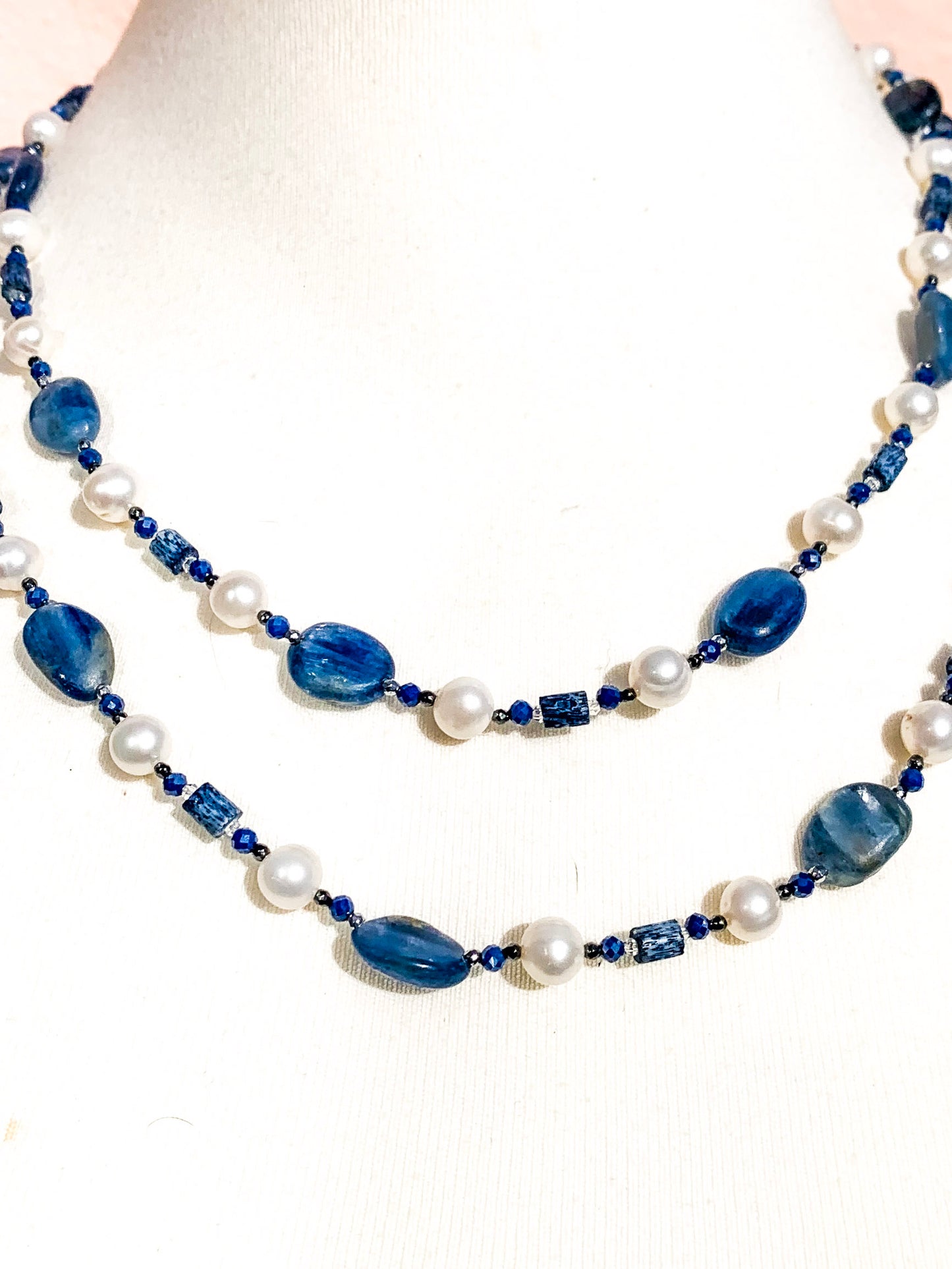 HAUTE : Art Deco - Kyanite, Pearl, Hematite, CZ, Coral Necklace - Long / H31AD