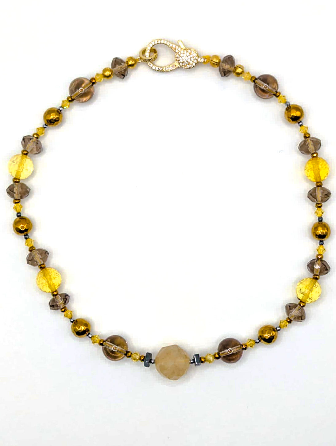 HAUTE : Rutilated Quartz, Smokey Quartz, Citrine, Hematite Cubic Zirconia Necklace / H11