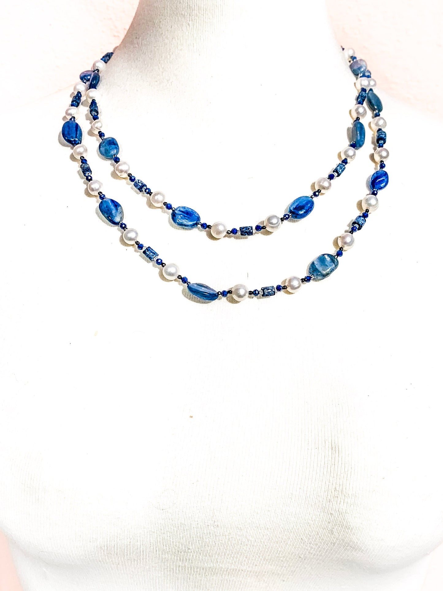 HAUTE : Art Deco - Kyanite, Pearl, Hematite, CZ, Coral Necklace - Long / H31AD