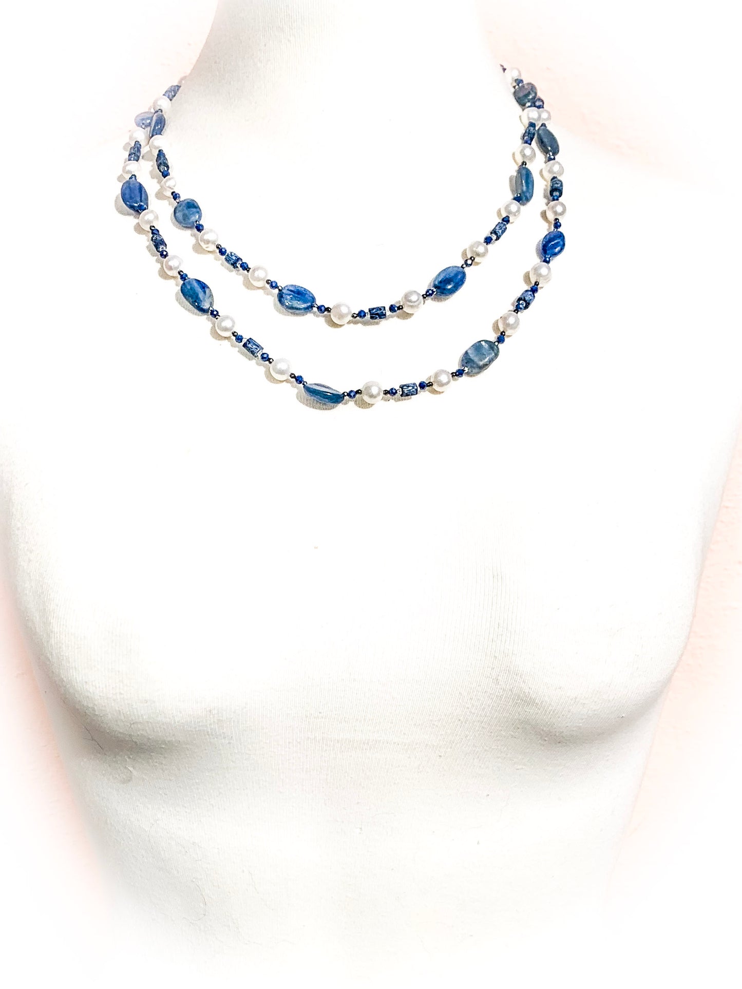HAUTE : Art Deco - Kyanite, Pearl, Hematite, CZ, Coral Necklace - Long / H31AD