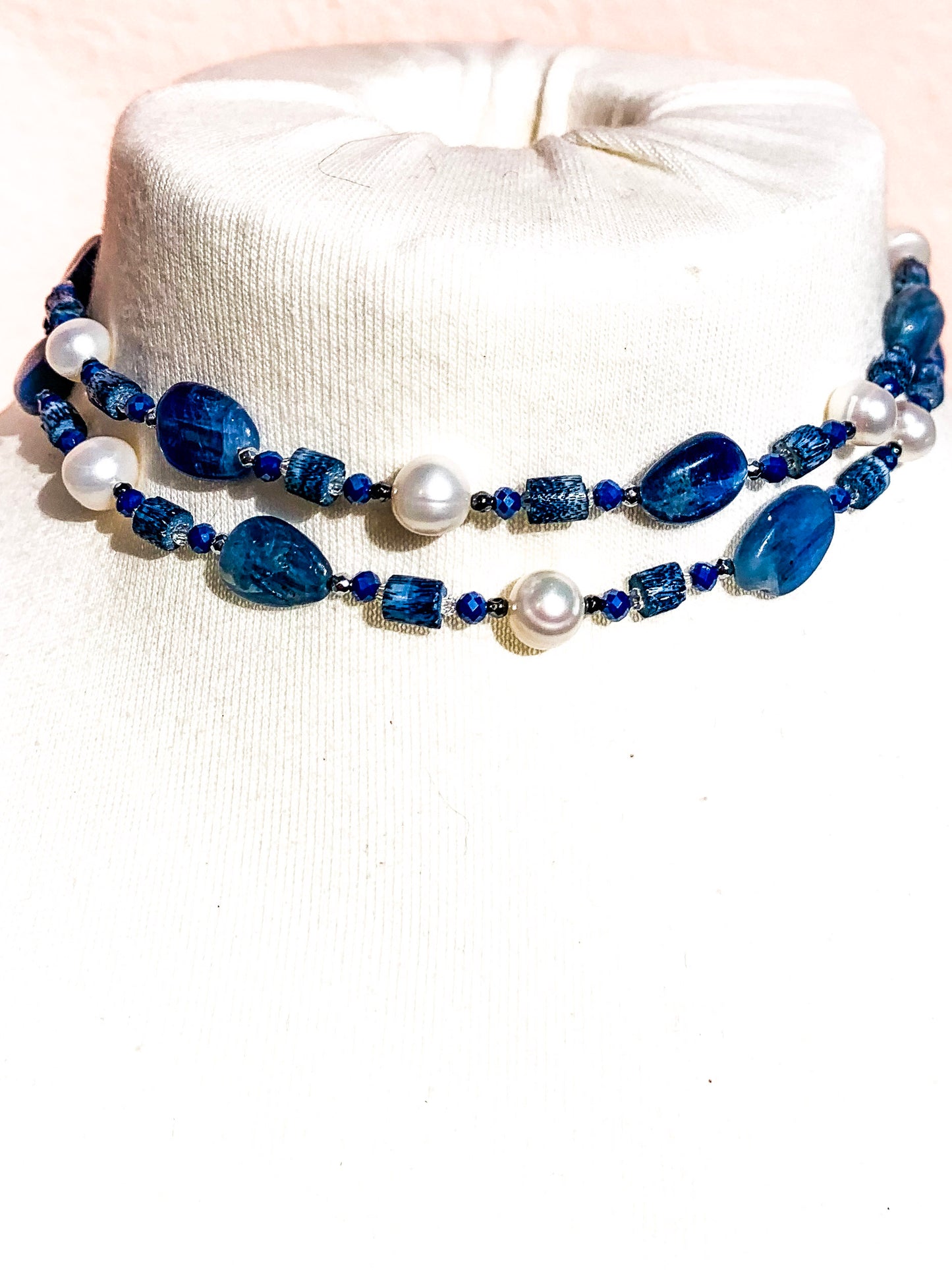 HAUTE : Art Deco - Kyanite, Pearl, Hematite, CZ & Coral Necklace - Medium / H30AD