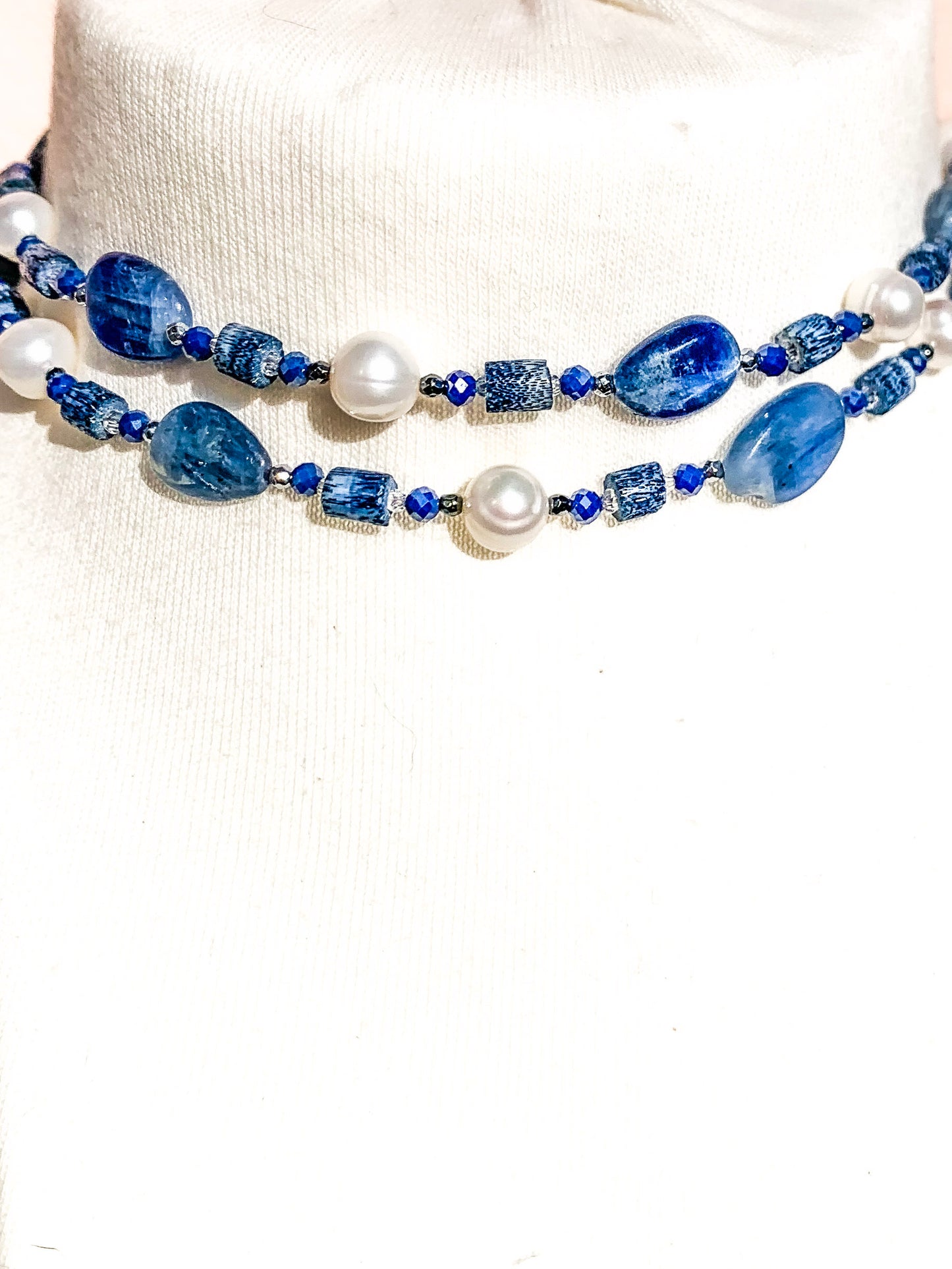 HAUTE : Art Deco - Kyanite, Pearl, Hematite, CZ & Coral Necklace - Medium / H30AD