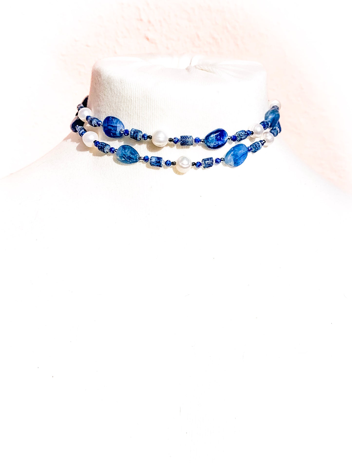 HAUTE : Art Deco - Kyanite, Pearl, Hematite, CZ & Coral Necklace - Medium / H30AD