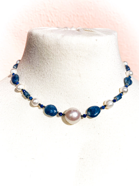 HAUTE : Art Deco - Kyanite, Pearl, Hematite, CZ, Coral Necklace - Short /H29AD