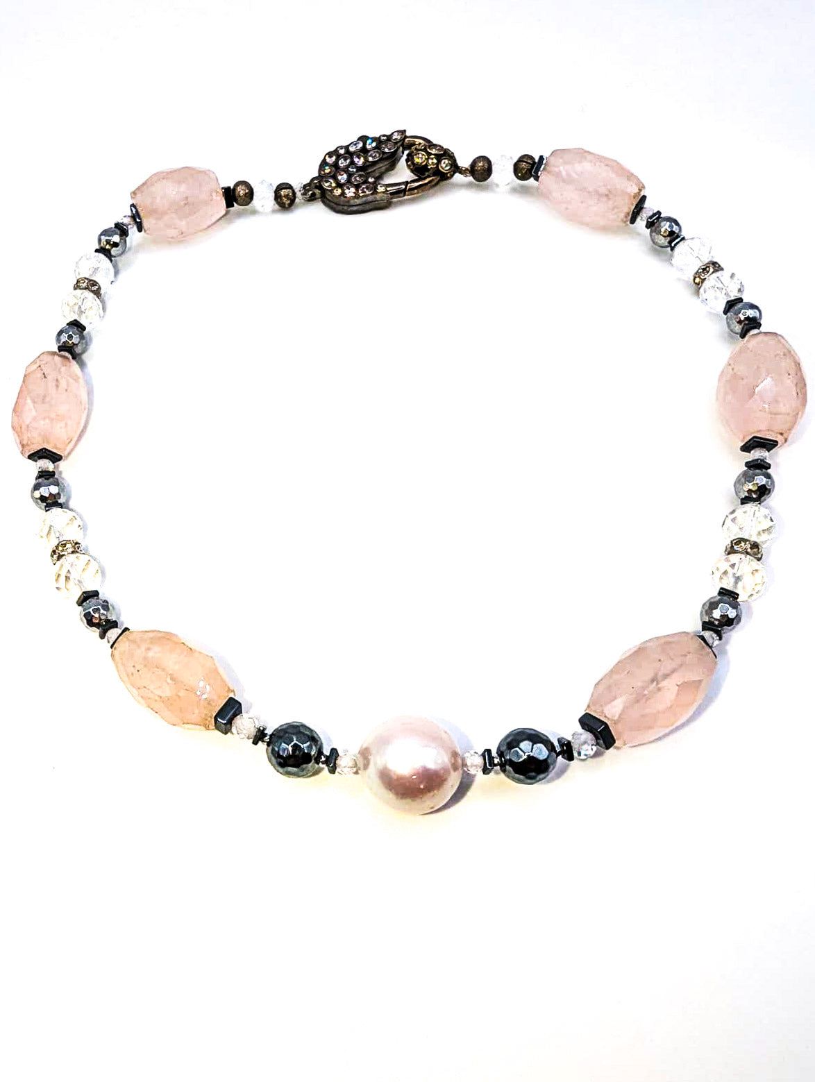 HAUTE : Art Deco - Rose Quartz, Rock Crystal, CZ, Hematite, Swarovski Crystal Necklace w/ Limited Edition CZ Clasp /H50AD*