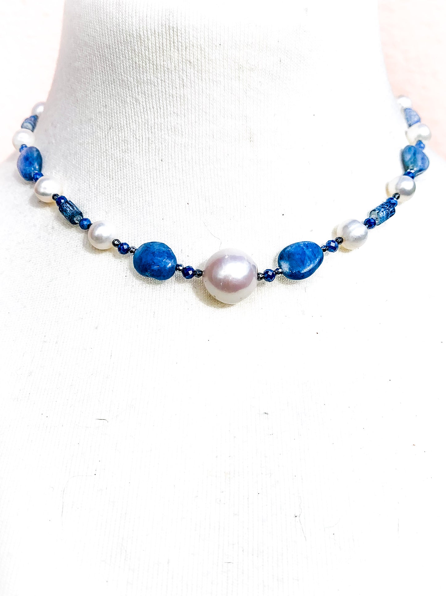 HAUTE : Art Deco - Kyanite, Pearl, Hematite, CZ, Coral Necklace - Short /H29AD