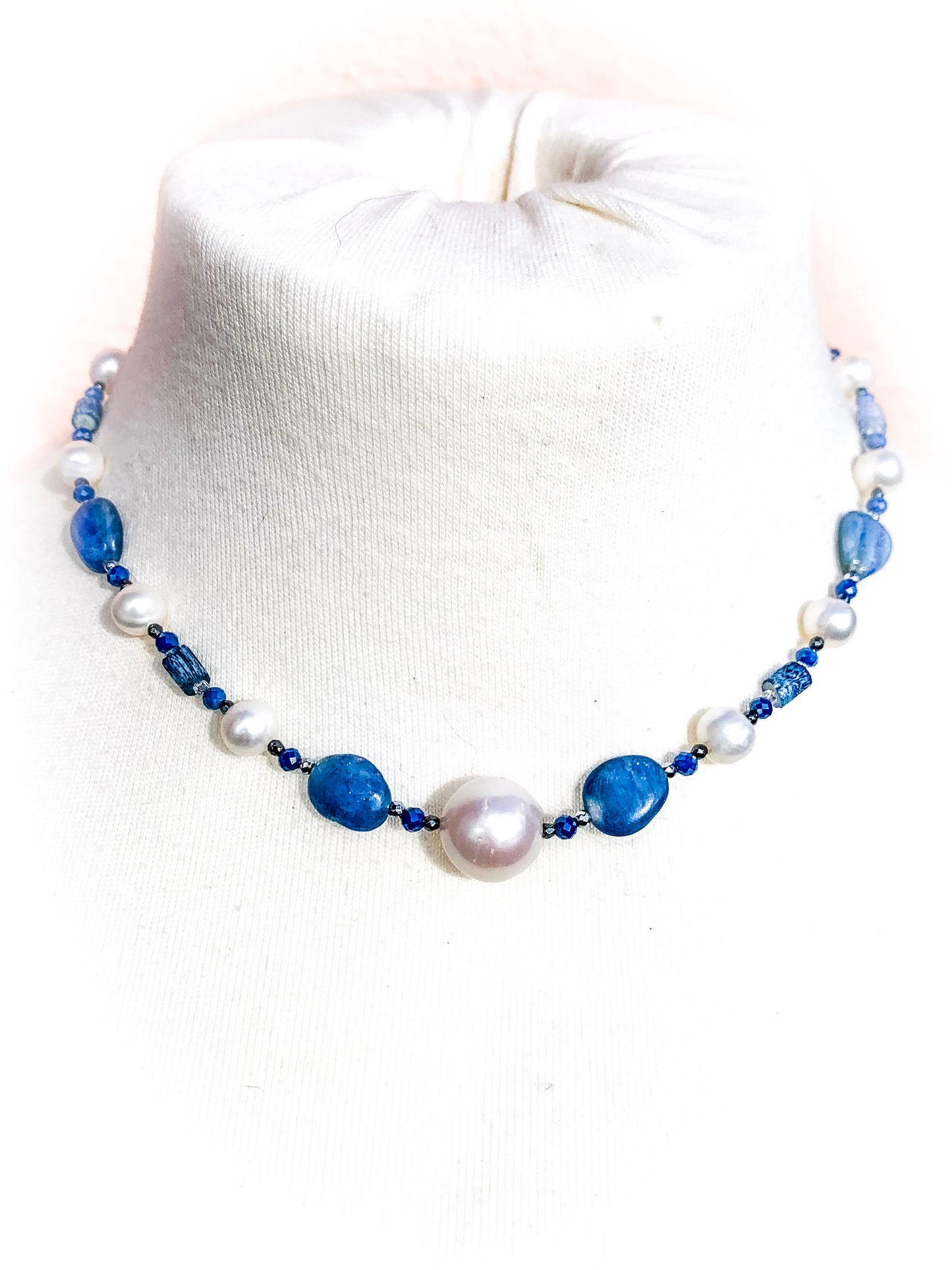 HAUTE : Art Deco - Kyanite, Pearl, Hematite, CZ, Coral Necklace - Short /H29AD