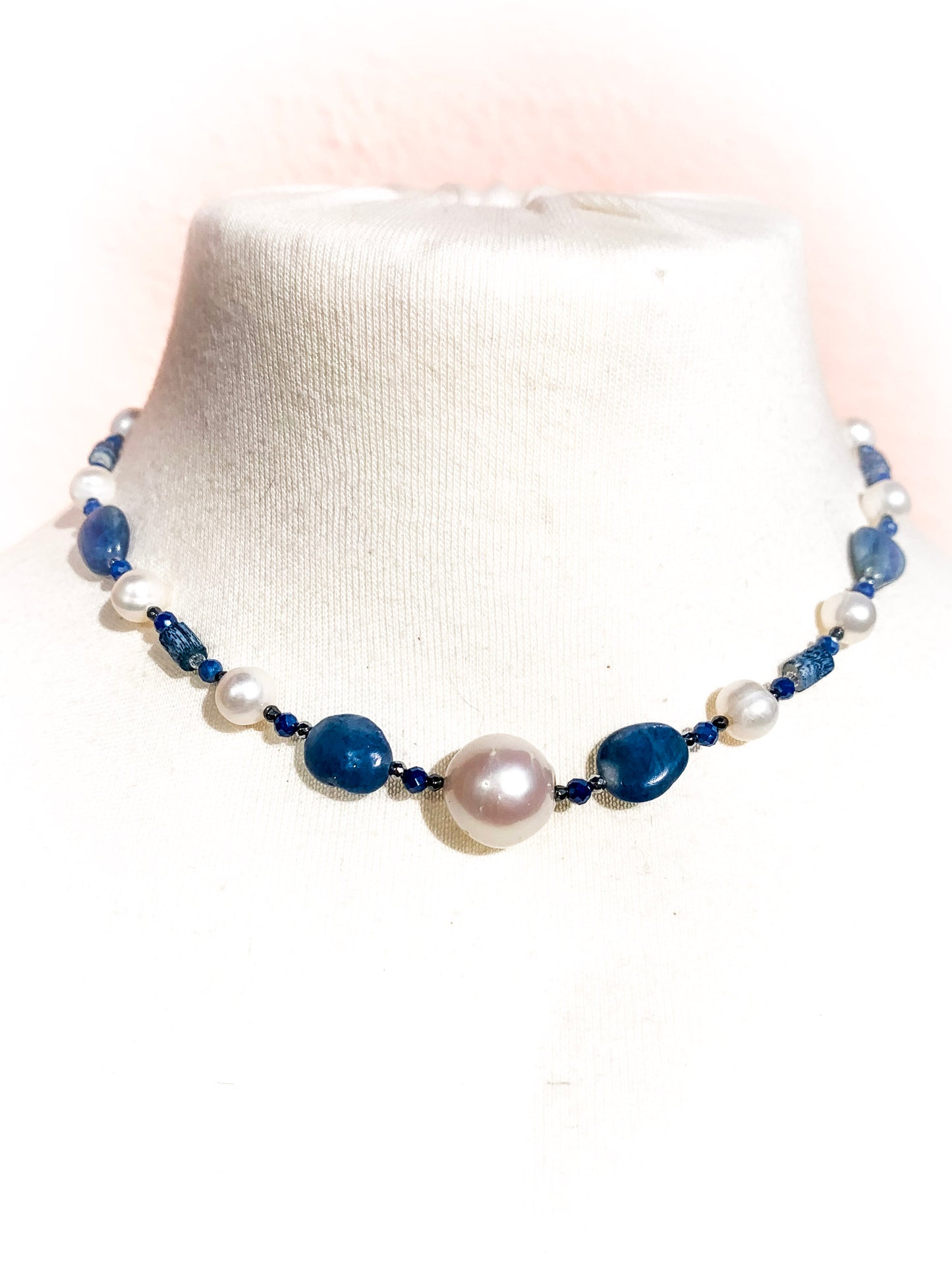 HAUTE : Art Deco - Kyanite, Pearl, Hematite, CZ, Coral Necklace - Short /H29AD