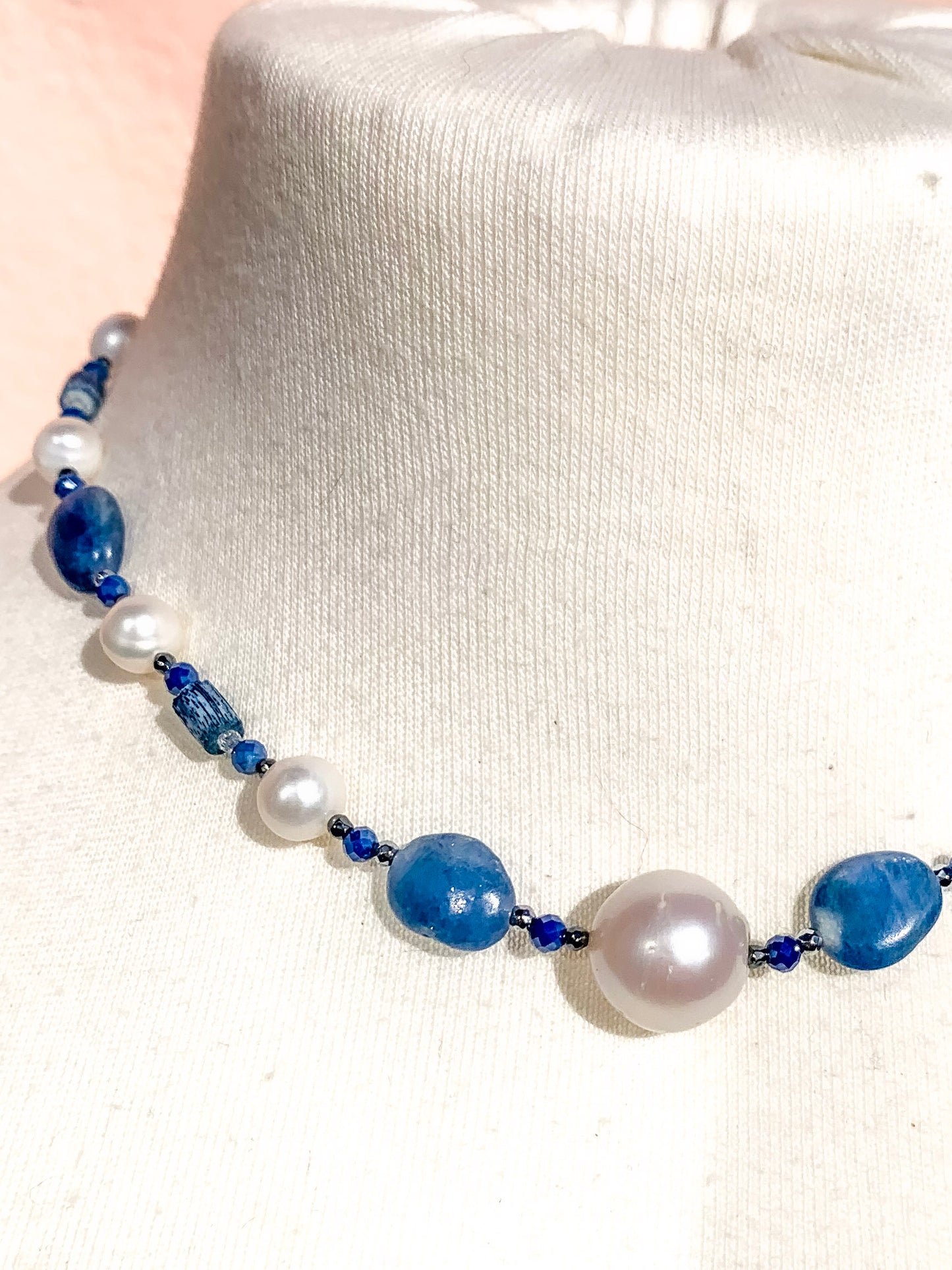 HAUTE : Art Deco - Kyanite, Pearl, Hematite, CZ, Coral Necklace - Short /H29AD