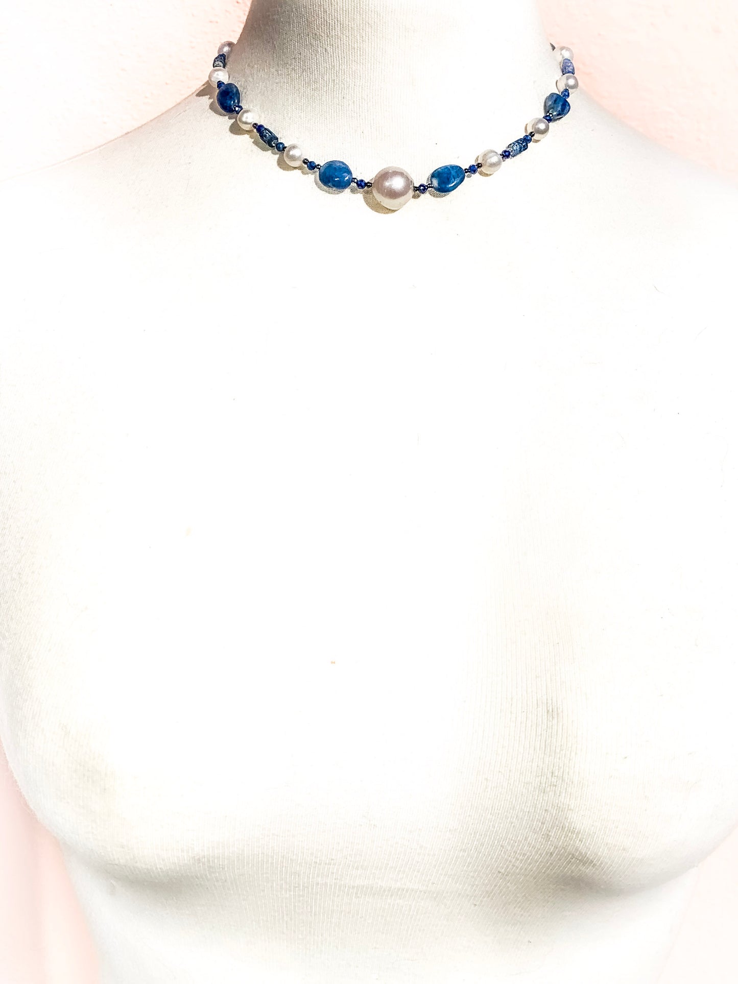 HAUTE : Art Deco - Kyanite, Pearl, Hematite, CZ, Coral Necklace - Short /H29AD