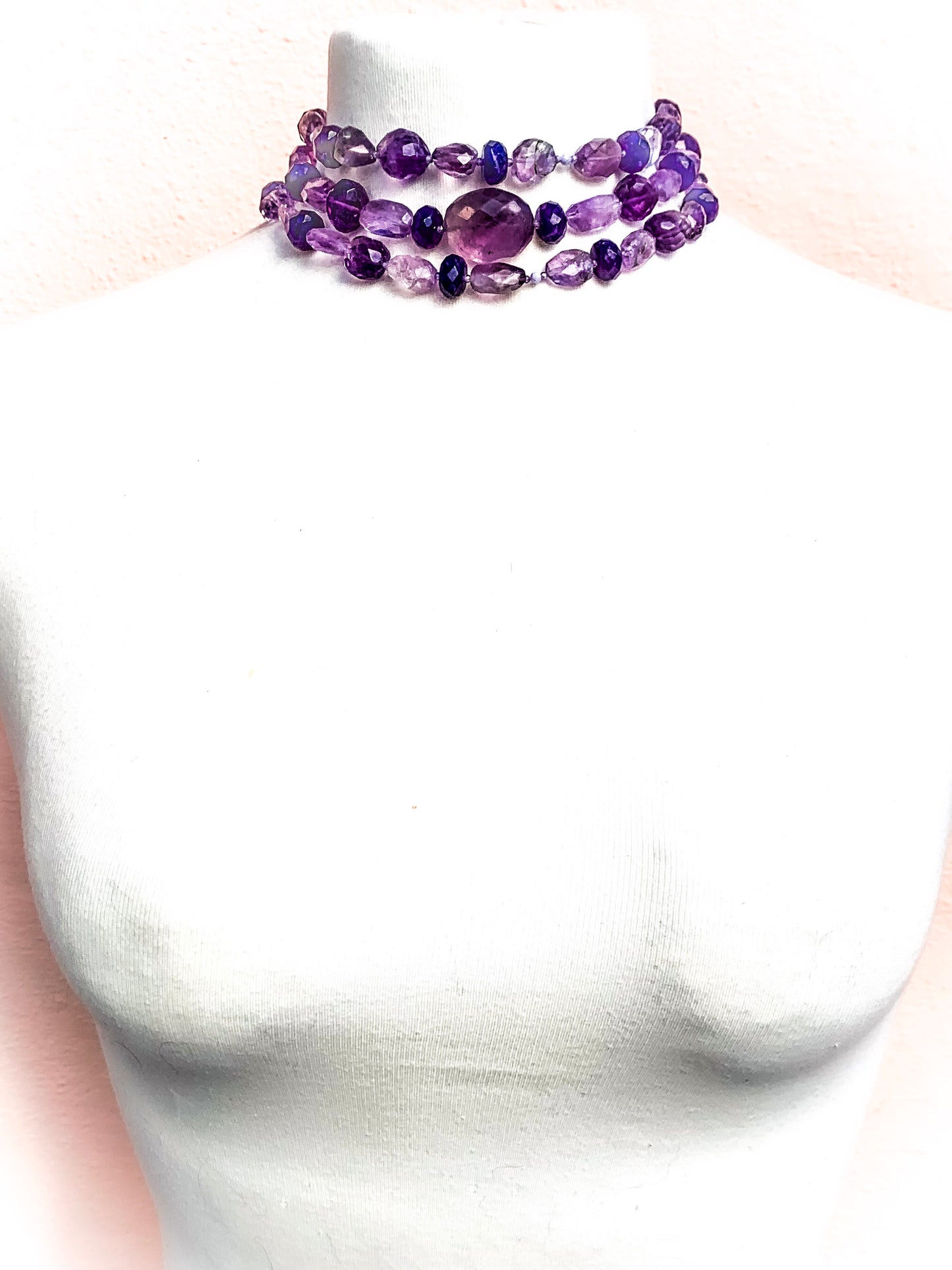 HAUTE : 3 colour Amethyst, CZ & Rock Crystal Necklace / H39