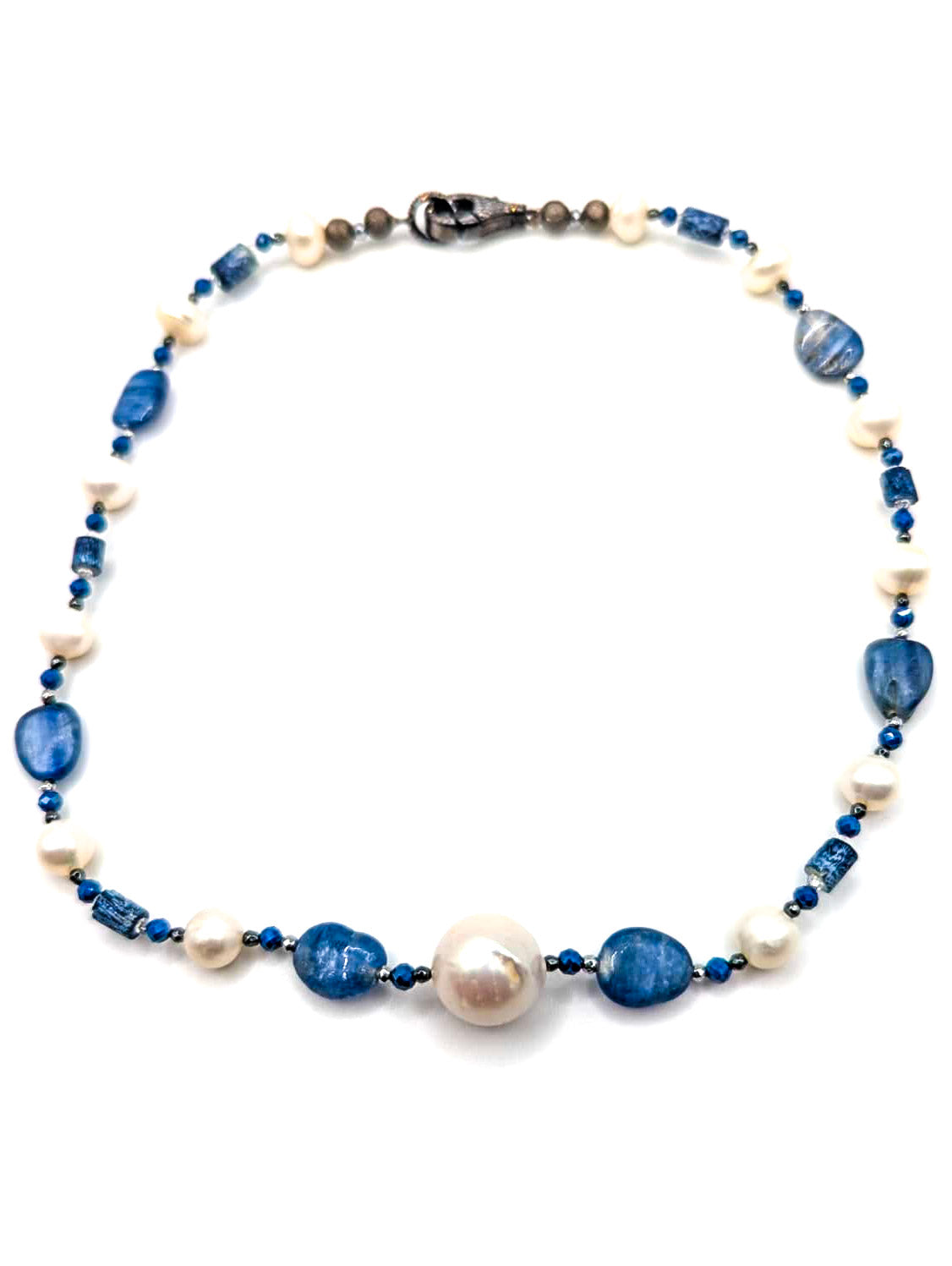 HAUTE : Art Deco - Kyanite, Pearl, Hematite, CZ, Coral Necklace - Short /H29AD