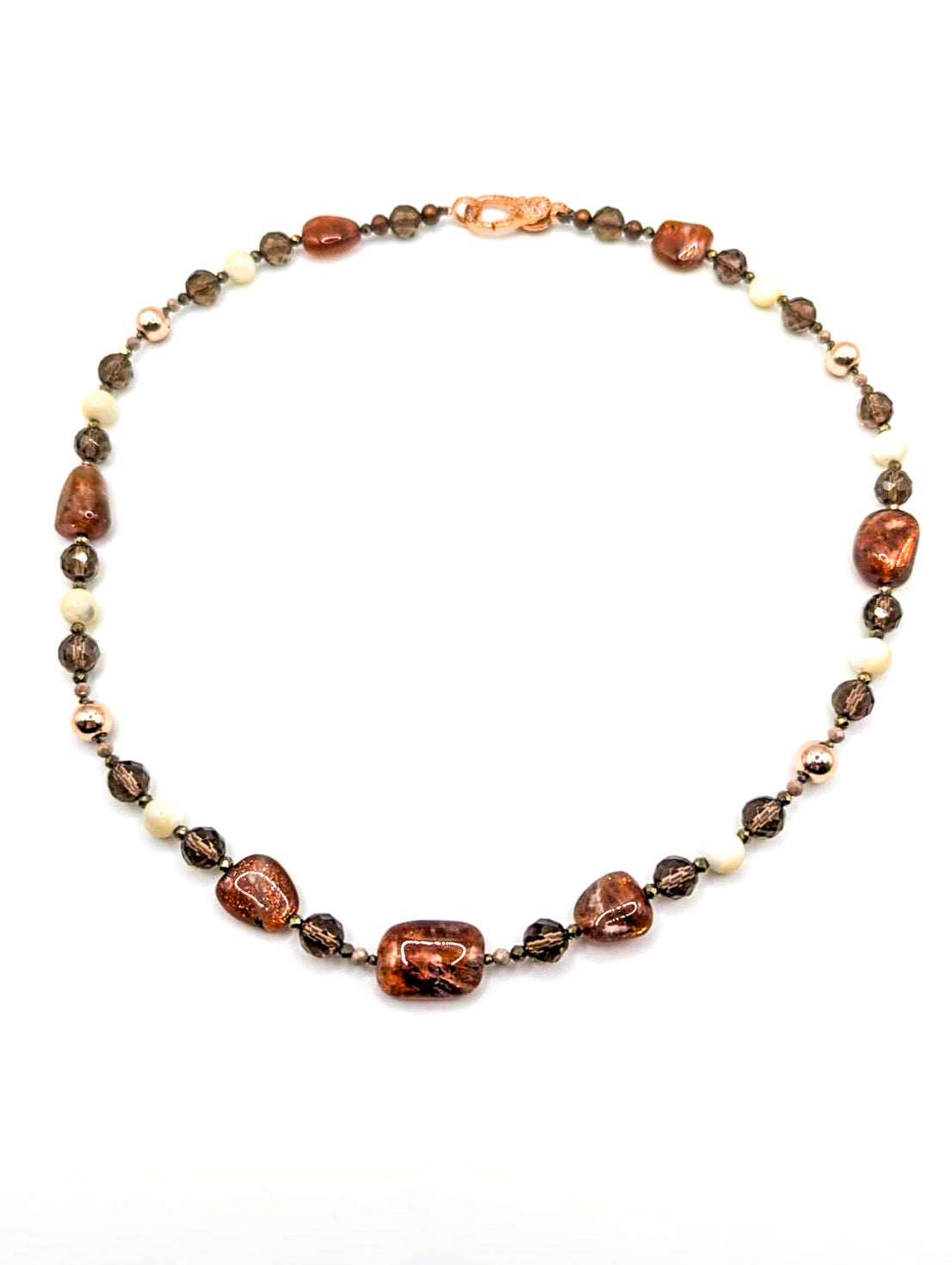 HAUTE : Smokey Quartz, Sunstone, Pyrite, CZ, Hematite, Mother of Pearl Necklace /H17
