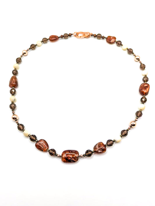 HAUTE : Smokey Quartz, Sunstone, Pyrite, CZ, Hematite, Mother of Pearl Necklace /H17