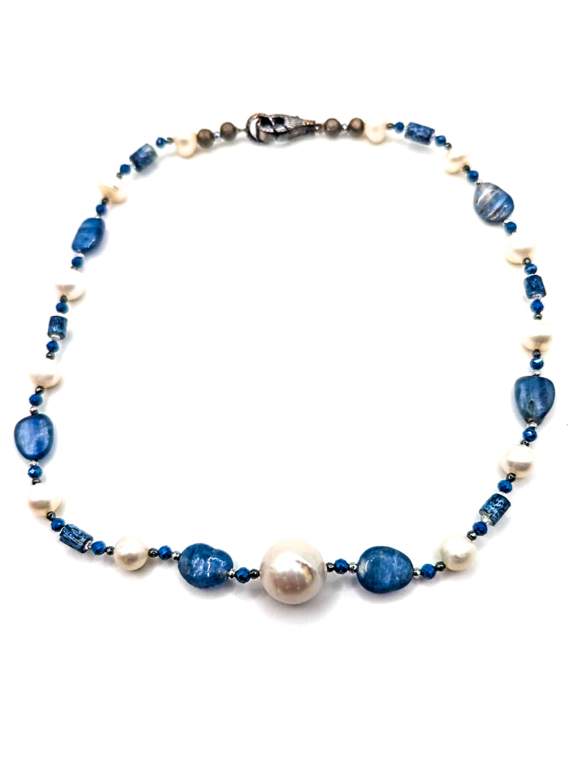HAUTE : Art Deco - Kyanite, Pearl, Hematite, CZ, Coral Necklace - Short /H29AD