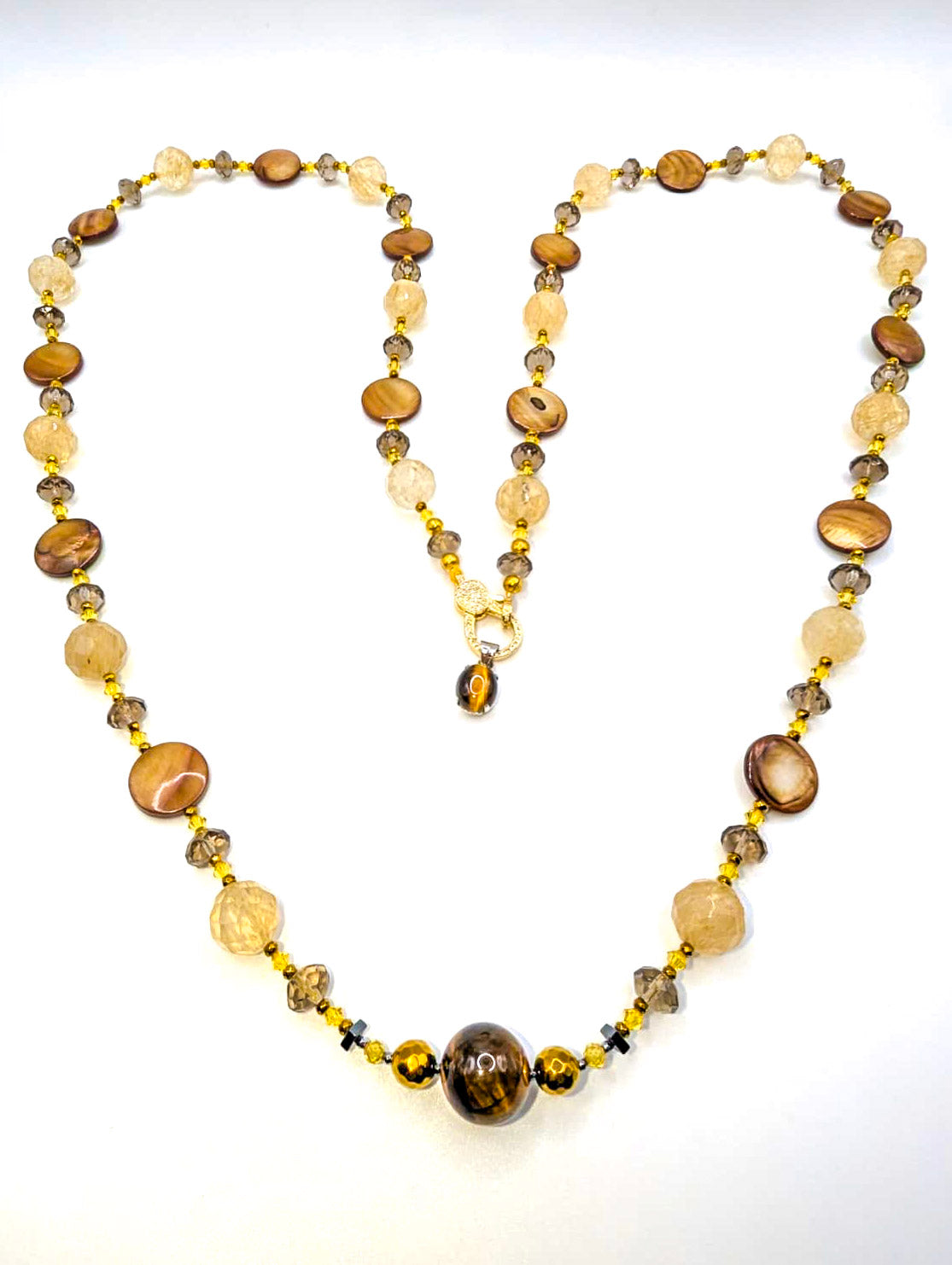 HAUTE : Smokey Quartz, Rutilated Quartz, Tigers Eye, Citrine, Hematite, Mother of Pearl Swarovski Crystal, CZ Necklace /H13