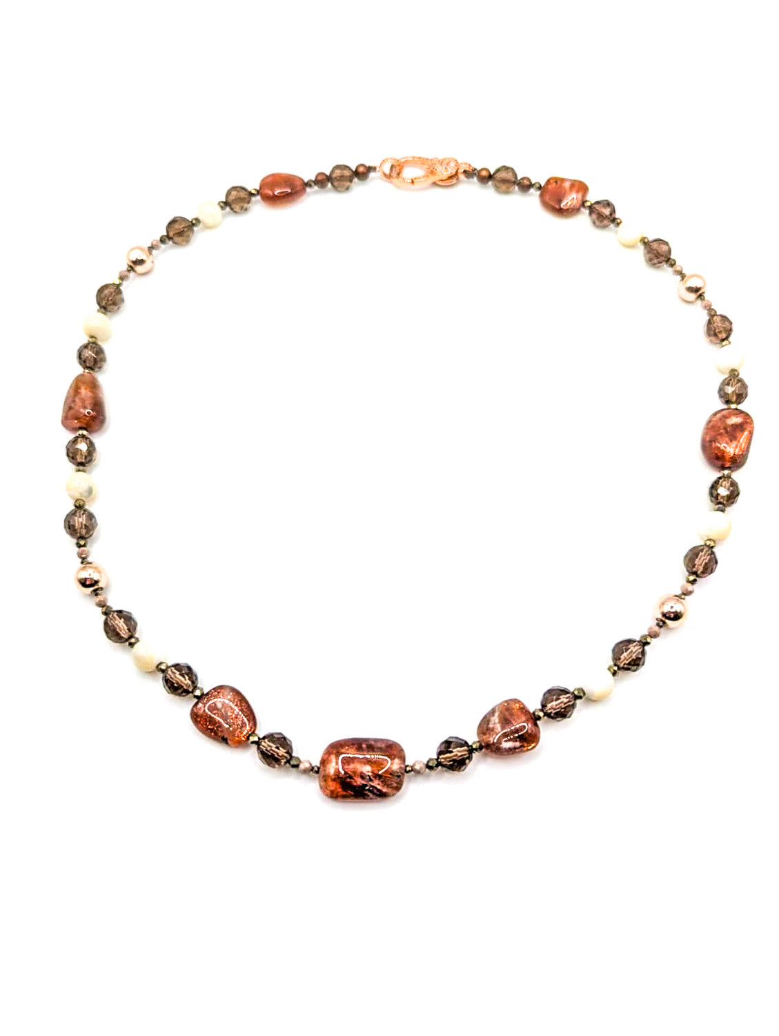 HAUTE : Smokey Quartz, Sunstone, Pyrite, CZ, Hematite, Mother of Pearl Necklace /H17