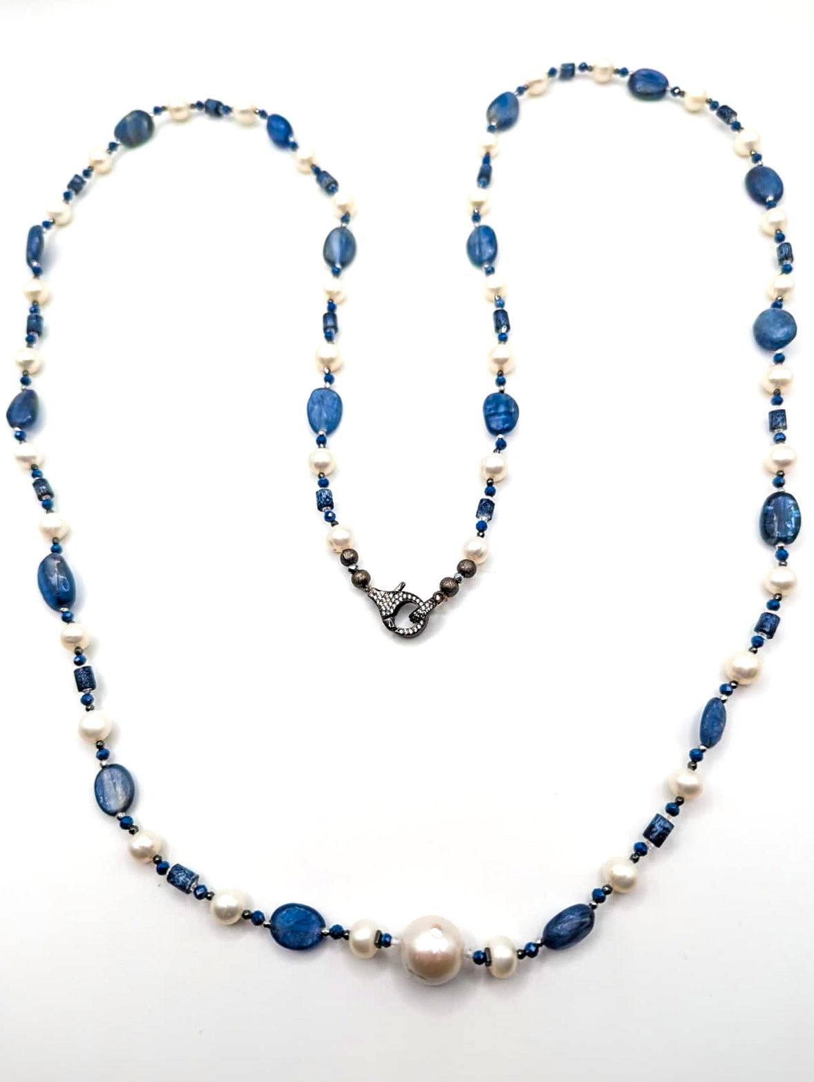 HAUTE : Art Deco - Kyanite, Pearl, Hematite, CZ, Coral Necklace - Long / H31AD