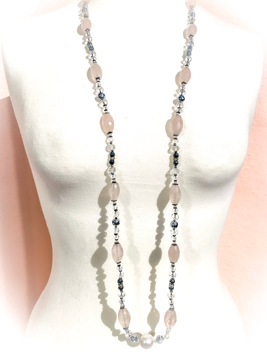 HAUTE : Art Deco - Rose Quartz, Rock Crystal, Pearl, Hematite, CZ Necklace w/ Limited Edition Art Deco CZ Clasp & optional Rose Quartz Star Pendant /H51AD*
