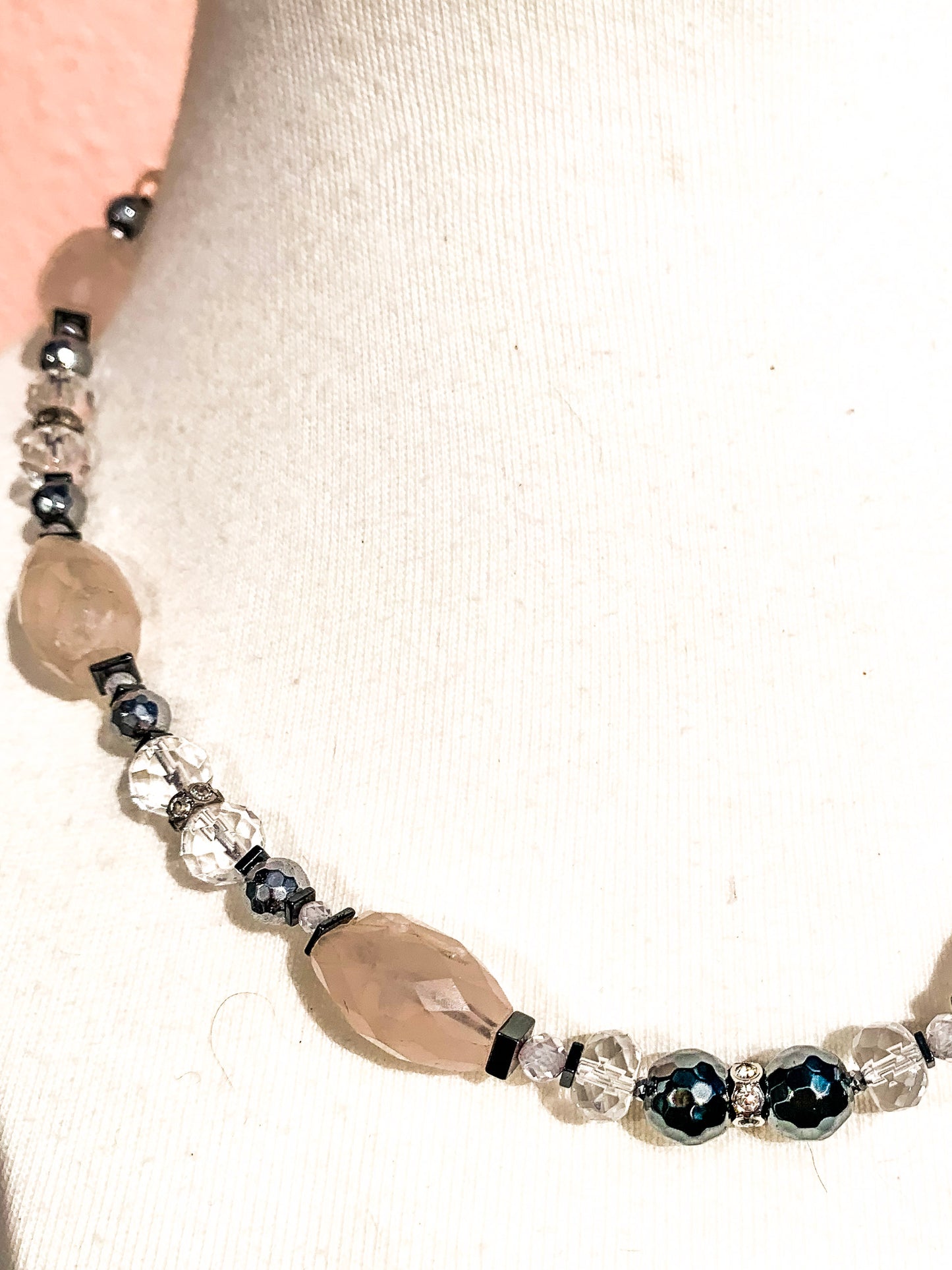 HAUTE : Art Deco - Rose Quartz, Rock Crystal, Hematite, CZ, Swarovski Crystal Necklace  w/ Limited Edition Art Deco Cubic Zirconia Clasp & optional Rose Quartz Star Pendant /H51AD*