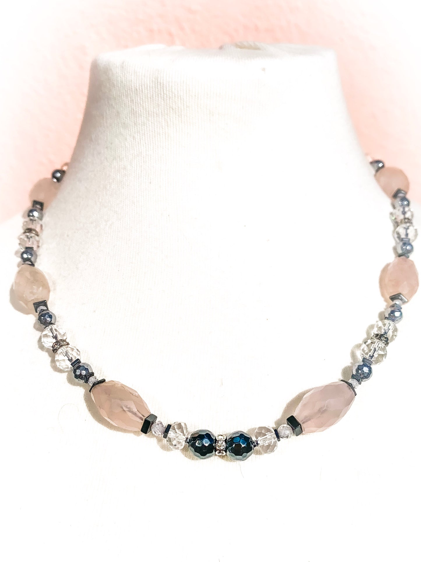 HAUTE : Art Deco - Rose Quartz, Rock Crystal, Hematite, CZ, Swarovski Crystal Necklace  w/ Limited Edition Art Deco Cubic Zirconia Clasp & optional Rose Quartz Star Pendant /H51AD*