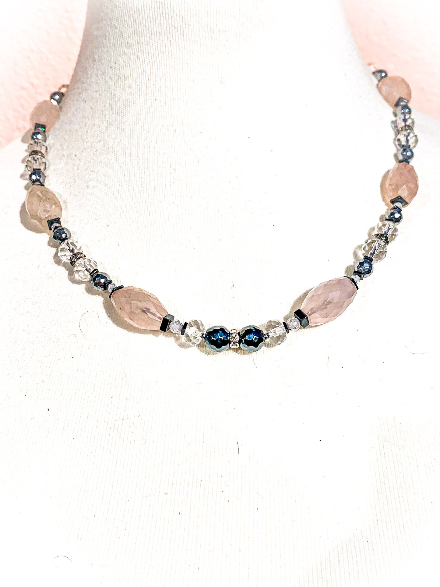 HAUTE : Art Deco - Rose Quartz, Rock Crystal, Hematite, CZ, Swarovski Crystal Necklace  w/ Limited Edition Art Deco Cubic Zirconia Clasp & optional Rose Quartz Star Pendant /H51AD*