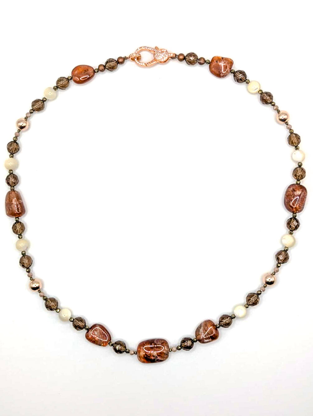 HAUTE : Smokey Quartz, Sunstone, Pyrite, CZ, Hematite, Mother of Pearl Necklace /H17