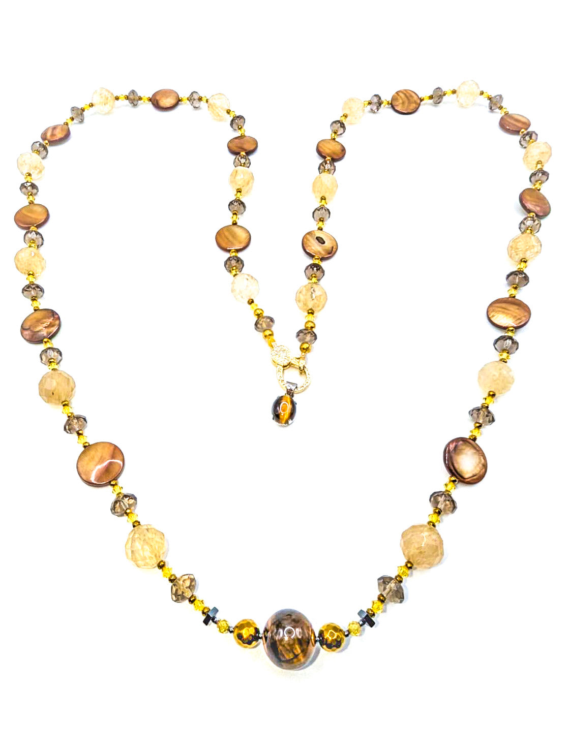 HAUTE : Smokey Quartz, Rutilated Quartz, Tigers Eye, Hematite, Swarovski Crystal & CZ, Mother of Pearl Necklace /H14