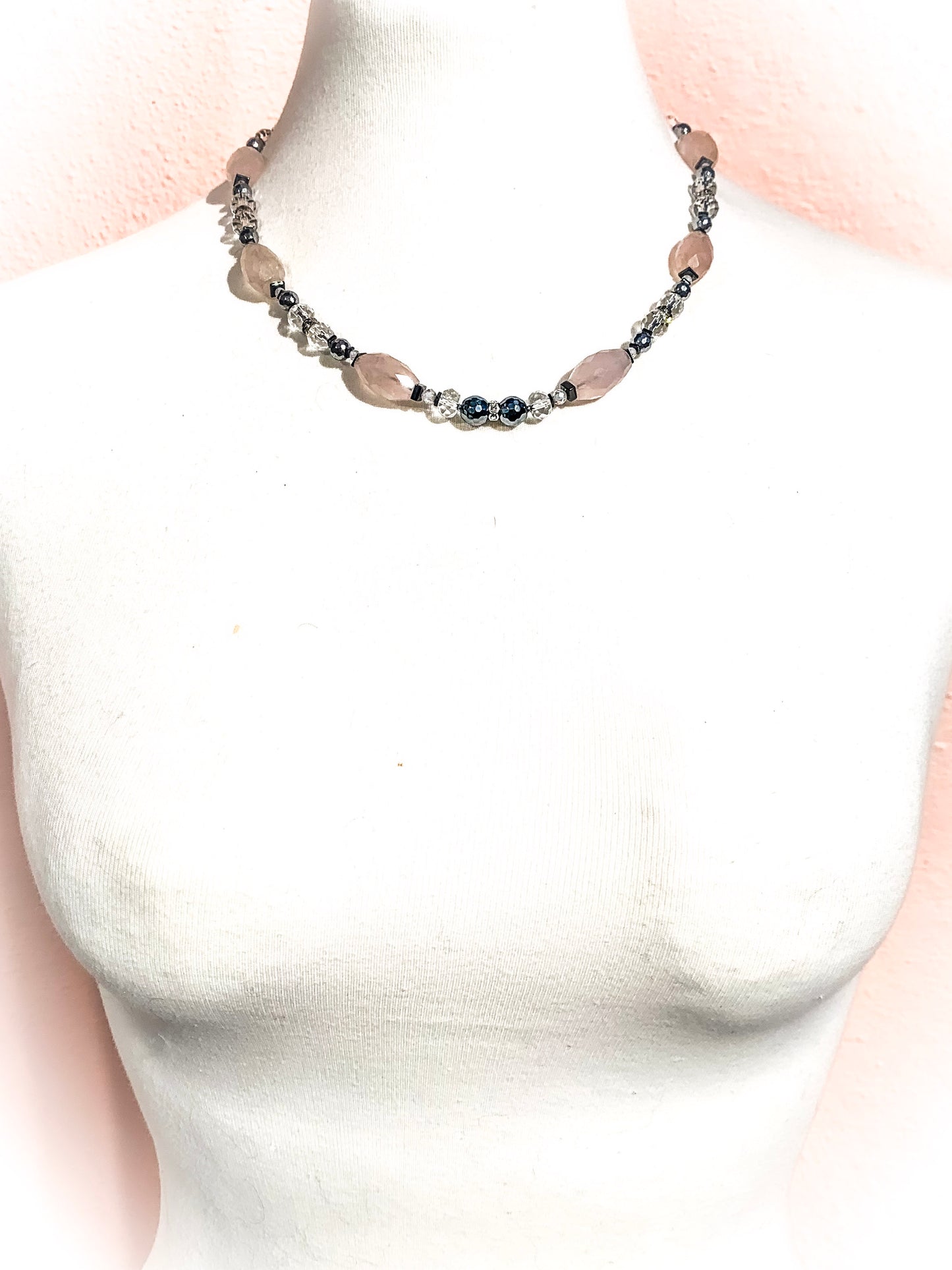 HAUTE : Art Deco - Rose Quartz, Rock Crystal, Hematite, CZ, Swarovski Crystal Necklace  w/ Limited Edition Art Deco Cubic Zirconia Clasp & optional Rose Quartz Star Pendant /H51AD*