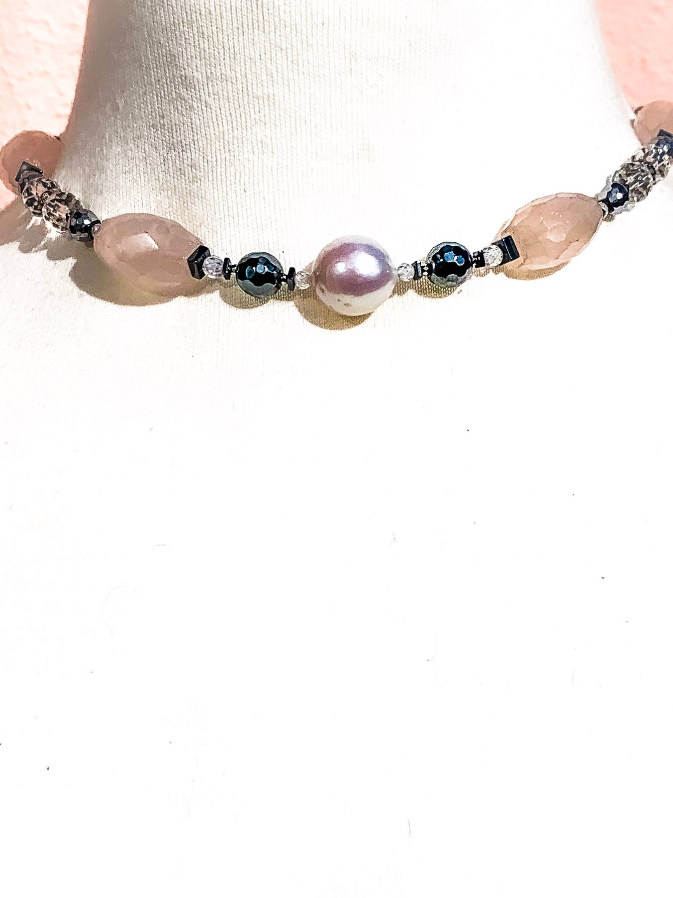 HAUTE : Art Deco - Rose Quartz, Rock Crystal, CZ, Hematite, Swarovski Crystal Necklace w/ Limited Edition CZ Clasp /H50AD*
