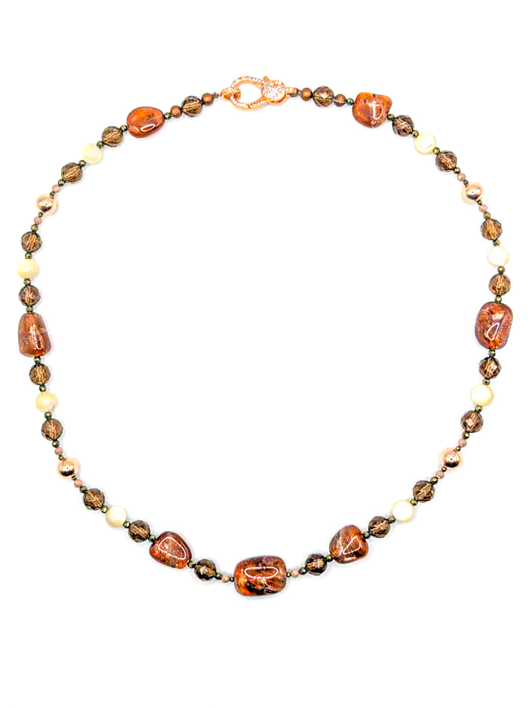 HAUTE : Smokey Quartz, Sunstone, Pyrite, CZ, Hematite, Mother of Pearl Necklace /H17