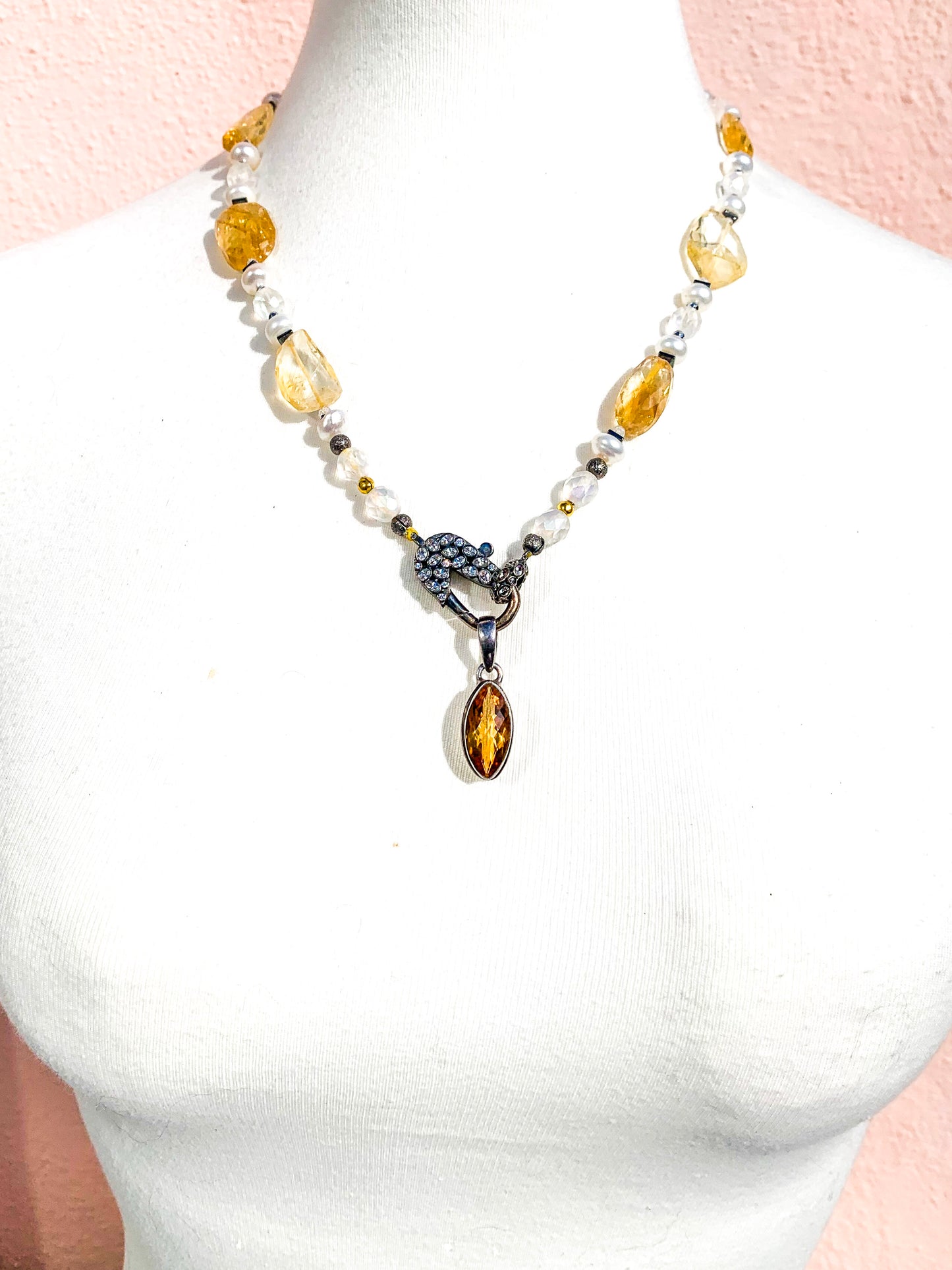 HAUTE : Art Deco - Pale Citrine, Pearl, Solid Gold, Frosted Crystal, CZ, Hematite Necklace - Short /H6AD