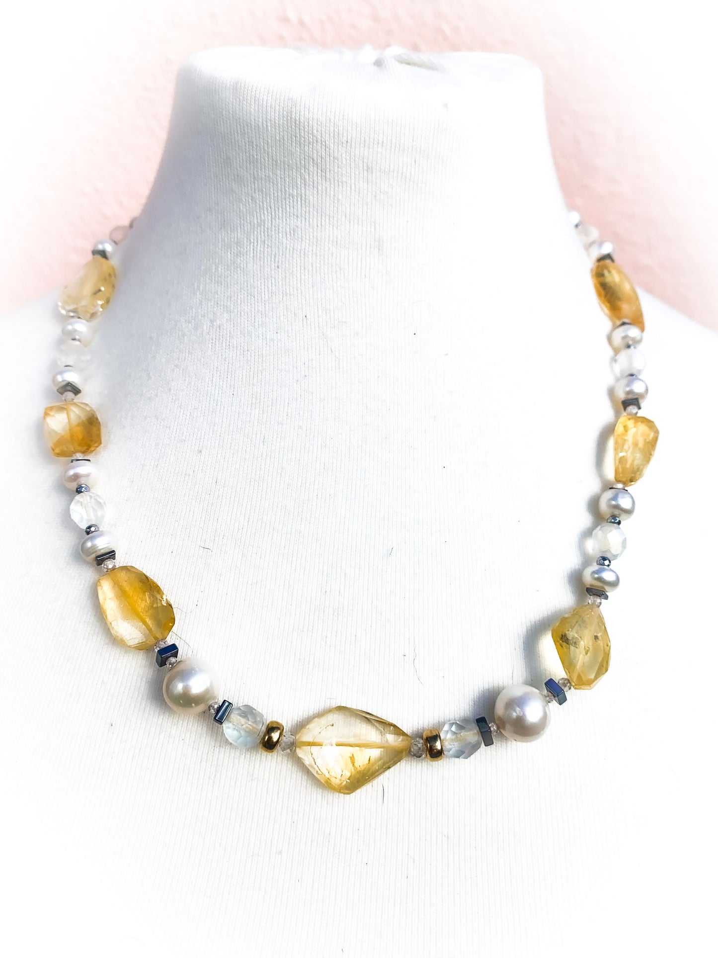 HAUTE : Art Deco - Pale Citrine, Pearl, Solid Gold, Frosted Crystal, CZ, Hematite Necklace - Short /H6AD