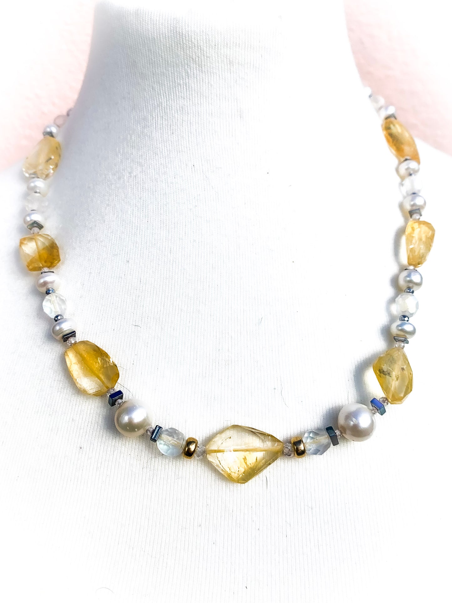 HAUTE : Art Deco - Pale Citrine, Pearl, Solid Gold, Frosted Crystal, CZ, Hematite Necklace - Short /H6AD