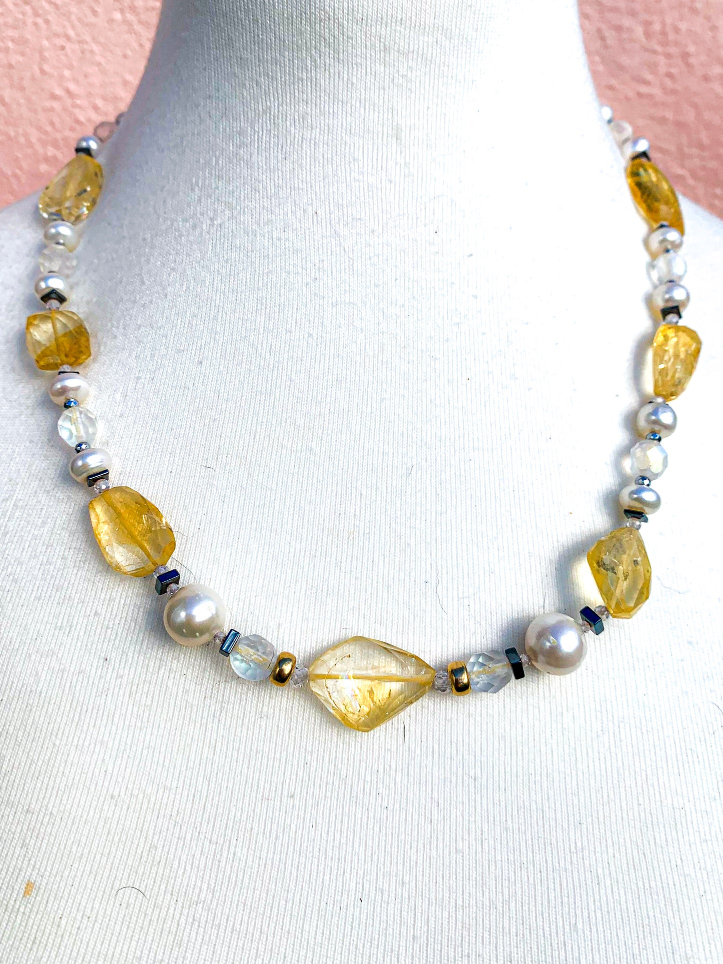 HAUTE : Art Deco - Pale Citrine, Pearl, Solid Gold, Frosted Crystal, CZ, Hematite Necklace - Short /H6AD