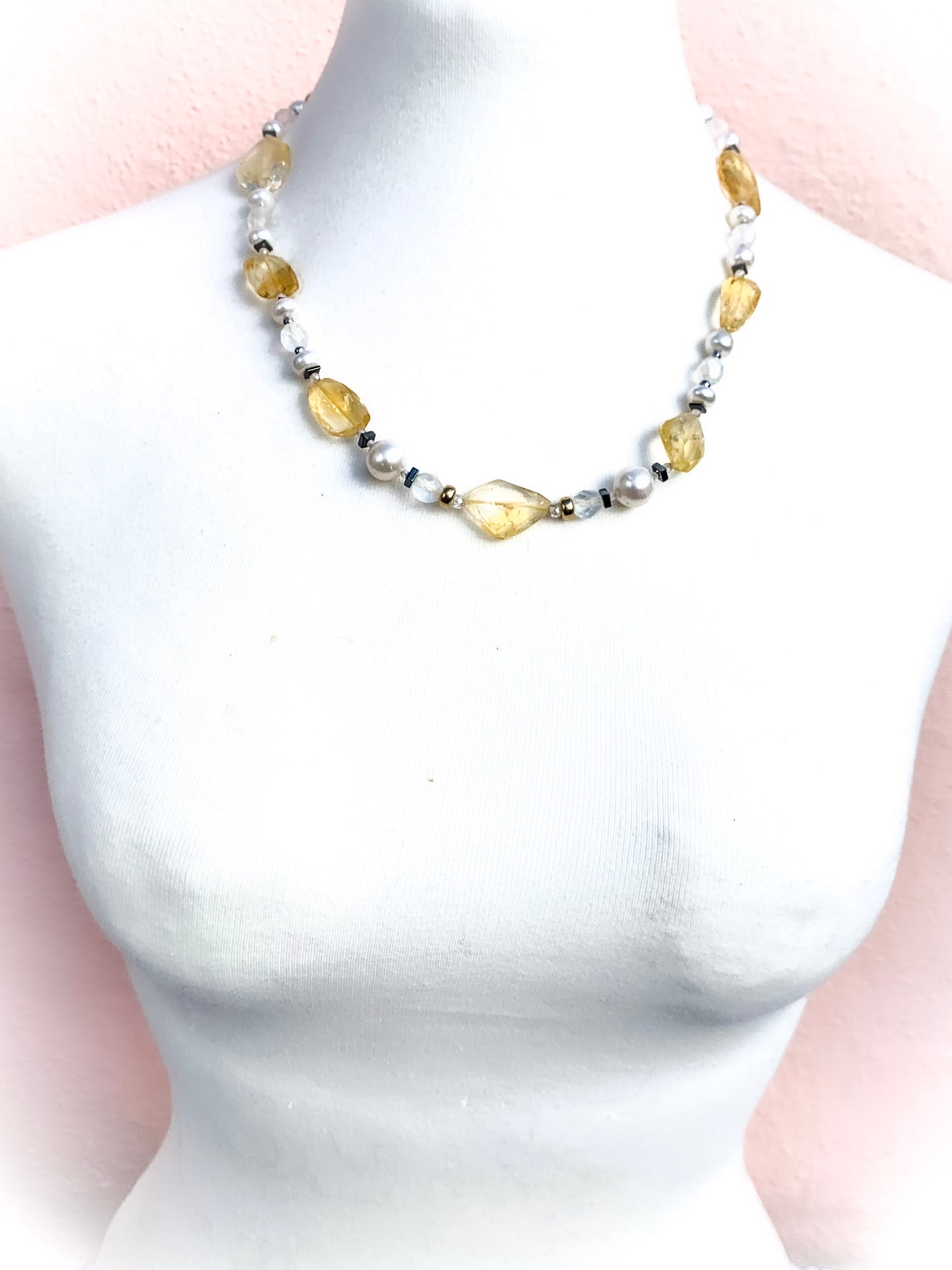 HAUTE : Art Deco - Pale Citrine, Pearl, Solid Gold, Frosted Crystal, CZ, Hematite Necklace - Short /H6AD