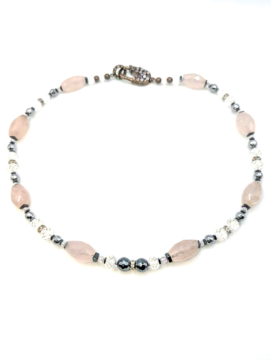 HAUTE : Art Deco - Rose Quartz, Rock Crystal, Hematite, CZ, Swarovski Crystal Necklace  w/ Limited Edition Art Deco Cubic Zirconia Clasp & optional Rose Quartz Star Pendant /H51AD*