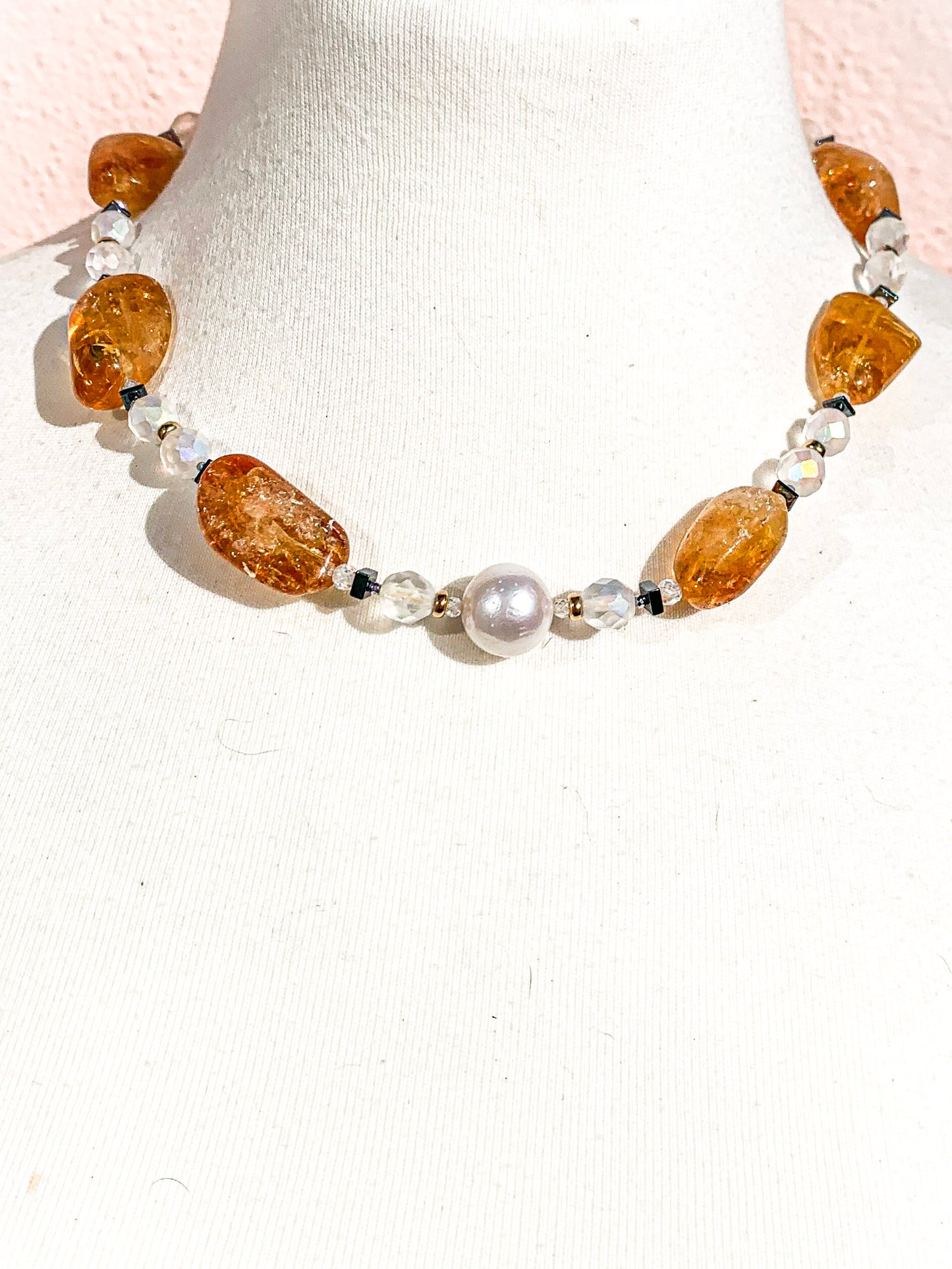Haute : Art Deco - Citrine, Pearl, Solid Gold, CZ, Hematite, Frosted Crystal Necklace - Short /H4AD