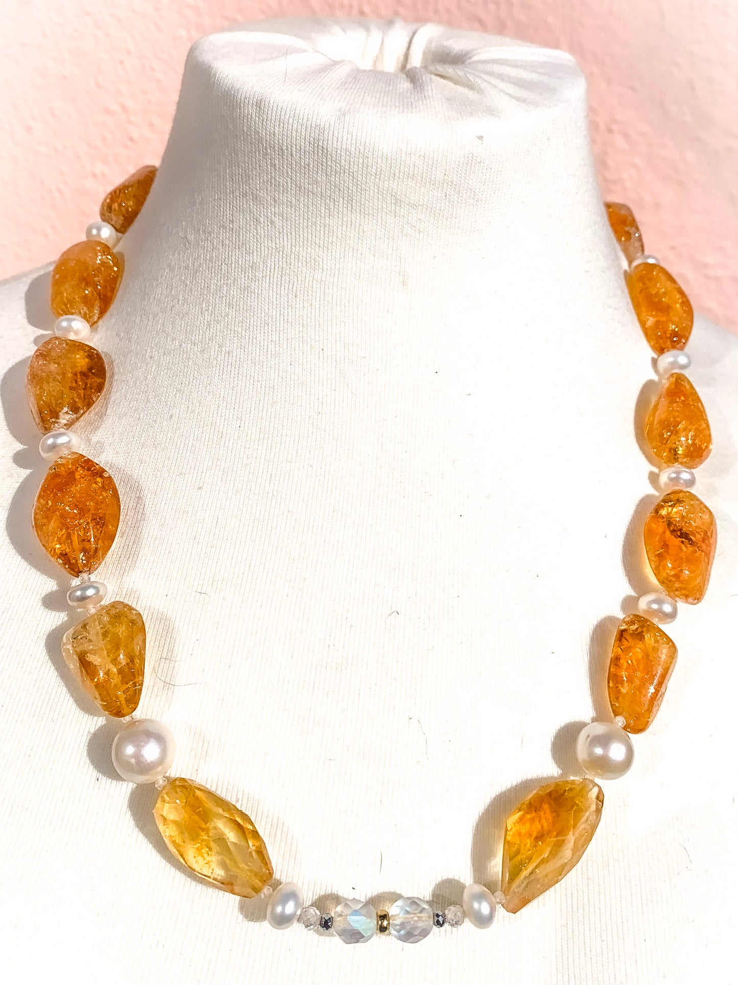 HAUTE : Art Deco - Citrine, Pearl, Solid Gold, CZ, Hematite, Frosted Crystal Necklace - Medium. /H3AD