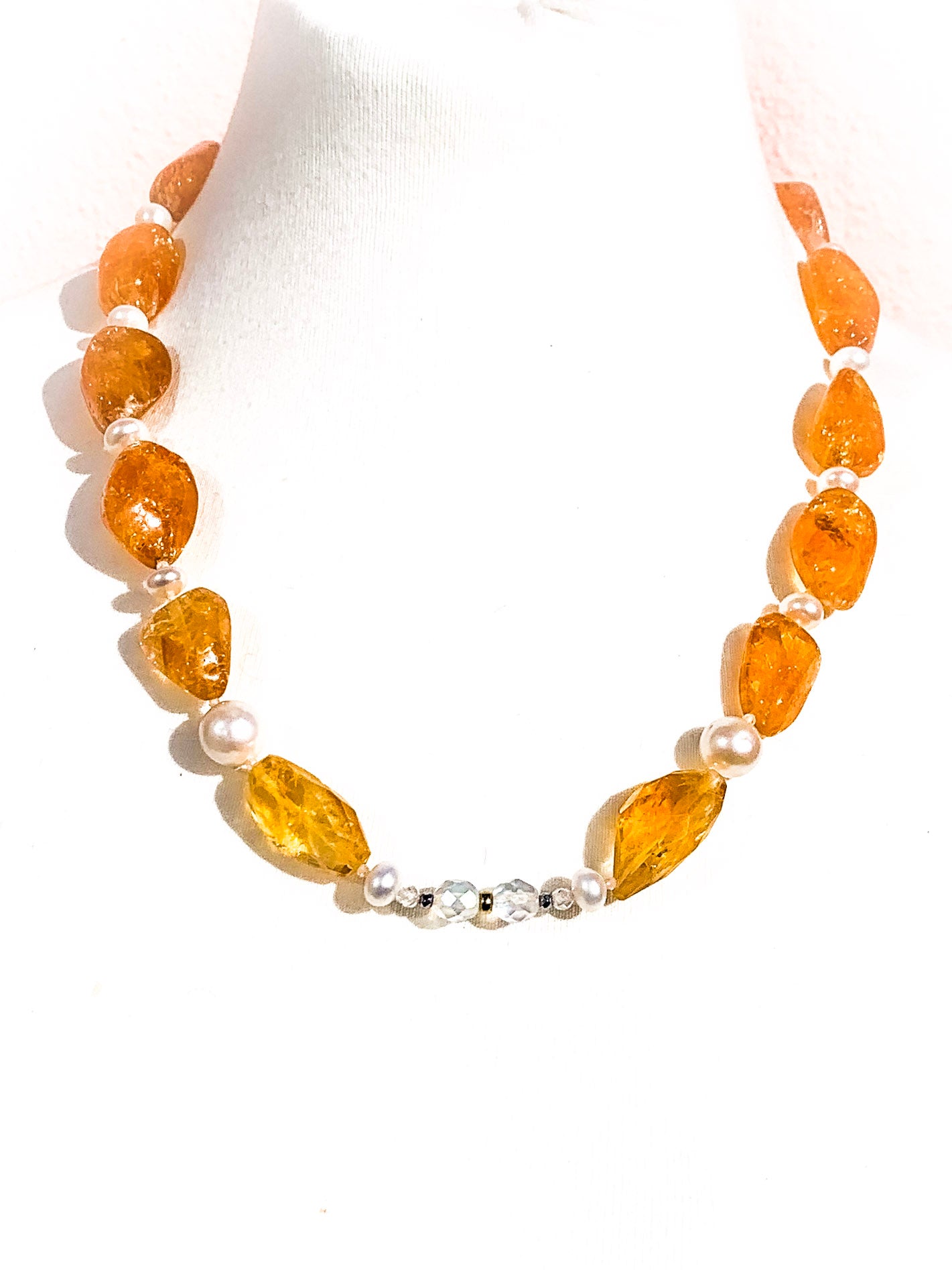 HAUTE : Art Deco - Citrine, Pearl, Solid Gold, CZ, Hematite, Frosted Crystal Necklace - Medium. /H3AD
