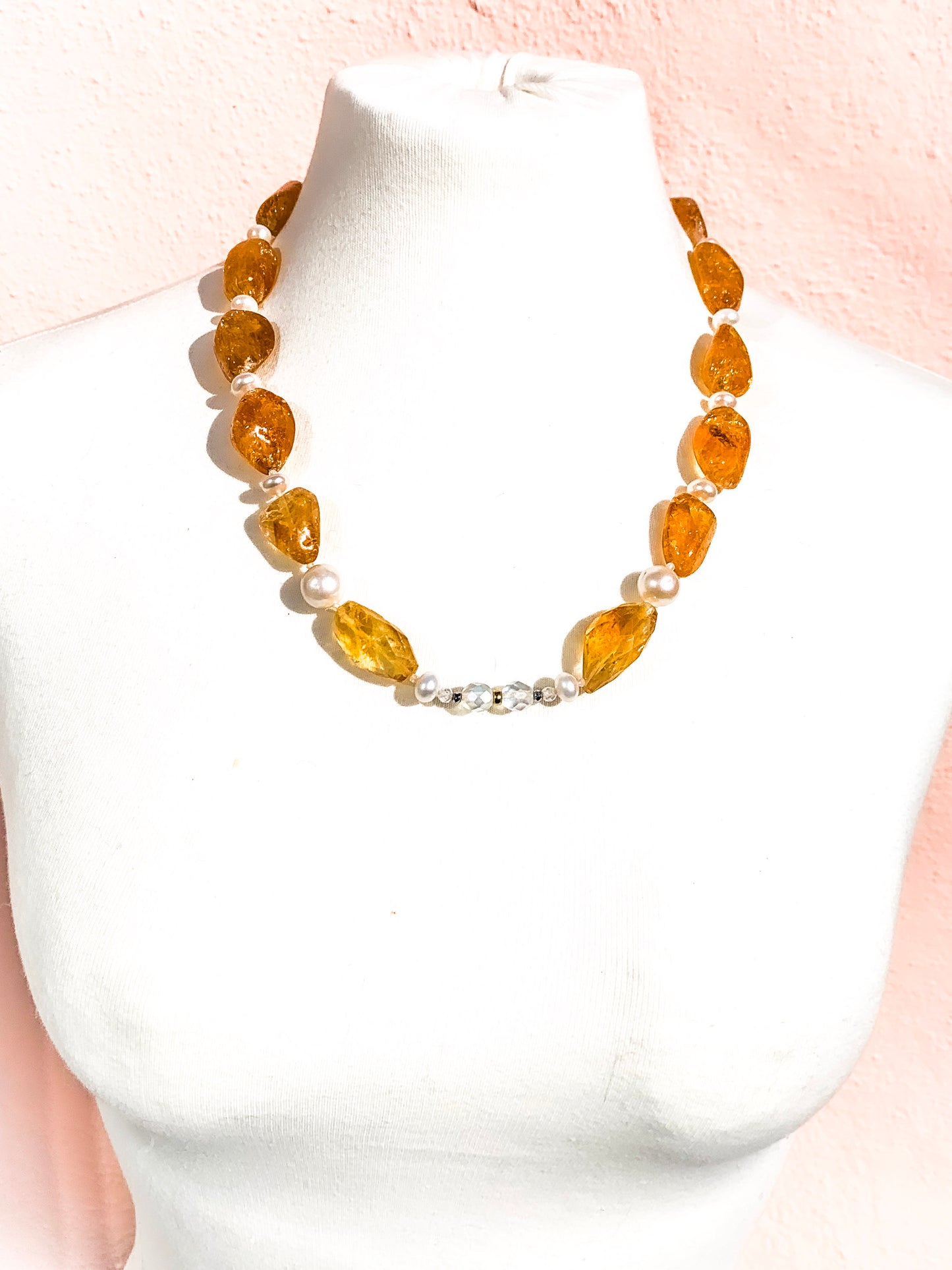 HAUTE : Art Deco - Citrine, Pearl, Solid Gold, CZ, Hematite, Frosted Crystal Necklace - Medium. /H3AD