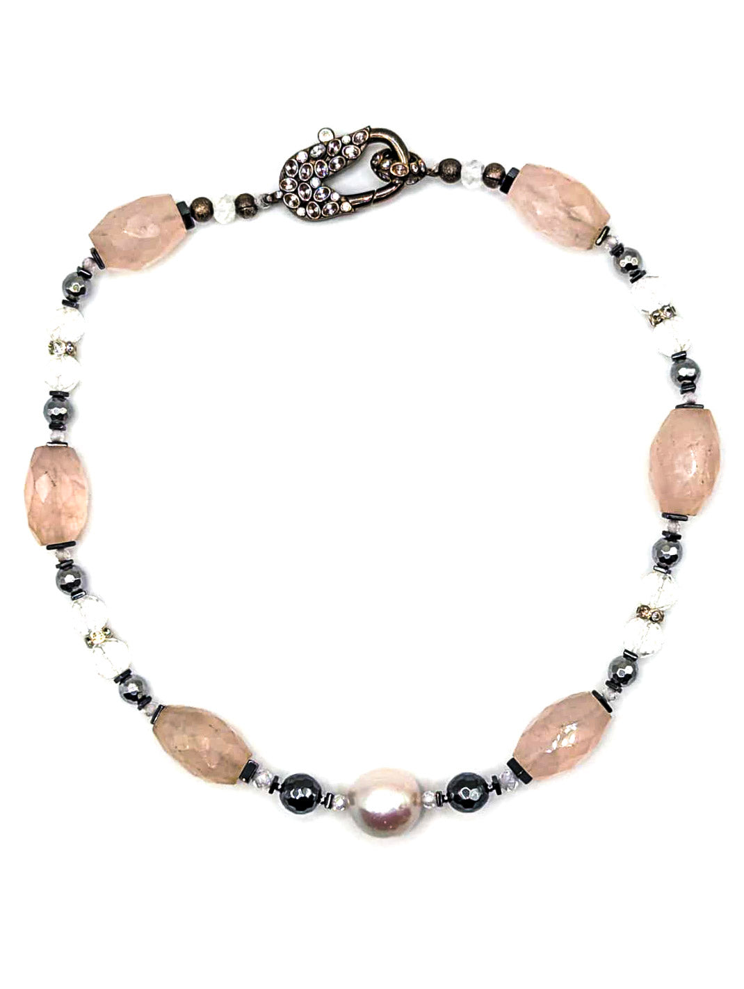 HAUTE : Art Deco - Rose Quartz, Rock Crystal, CZ, Hematite, Swarovski Crystal Necklace w/ Limited Edition CZ Clasp /H50AD*