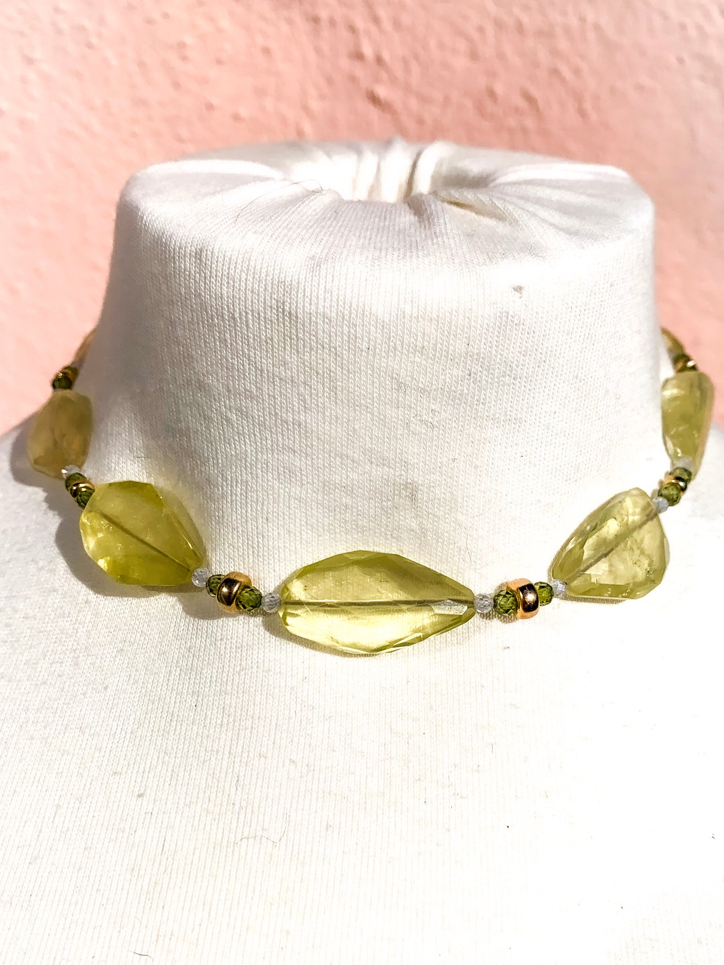 HAUTE : pale Citrine, Gold, Green & Clear Cubic Zirconia Necklace /H7