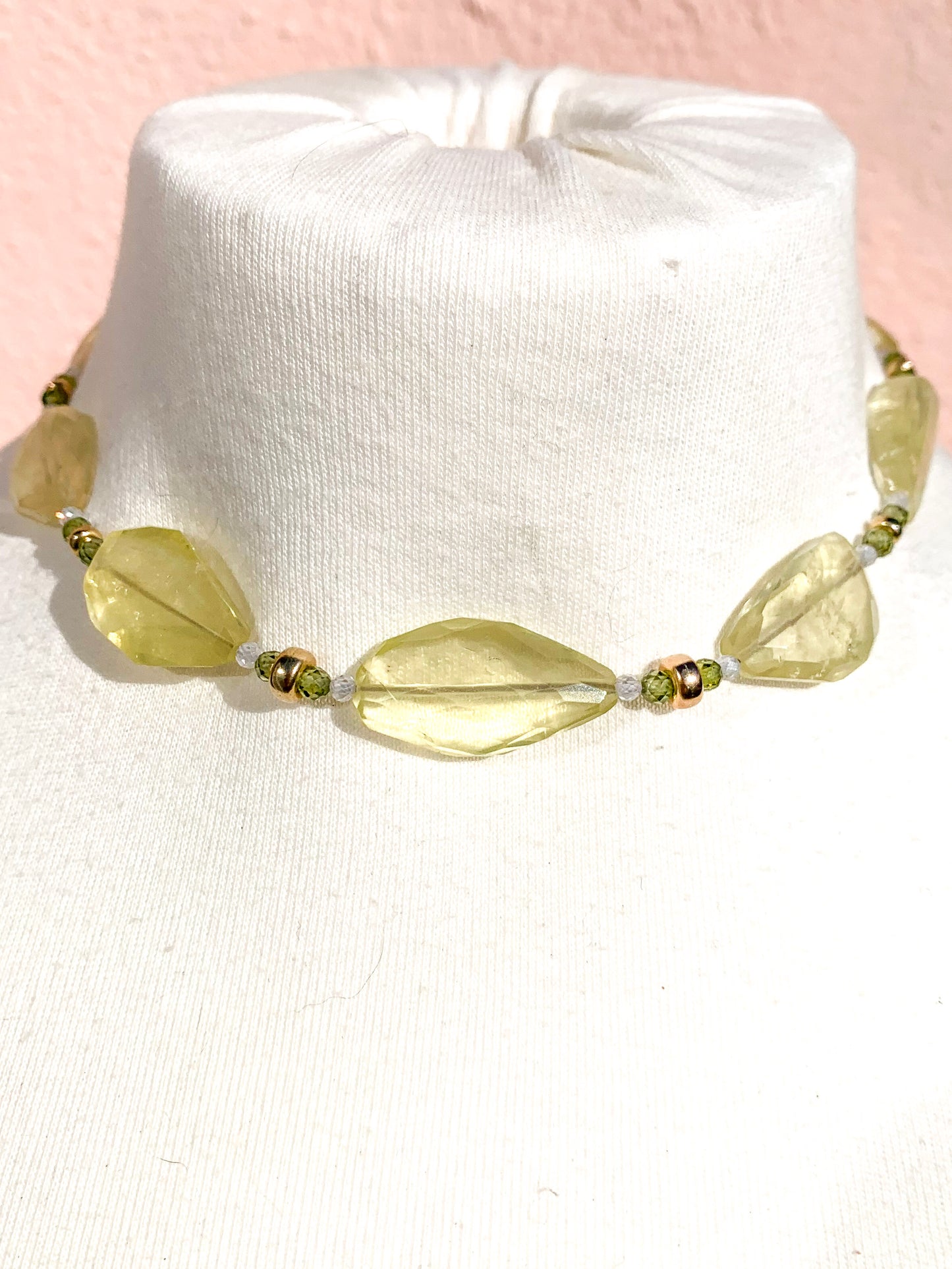 HAUTE : pale Citrine, Gold, Green & Clear Cubic Zirconia Necklace /H7