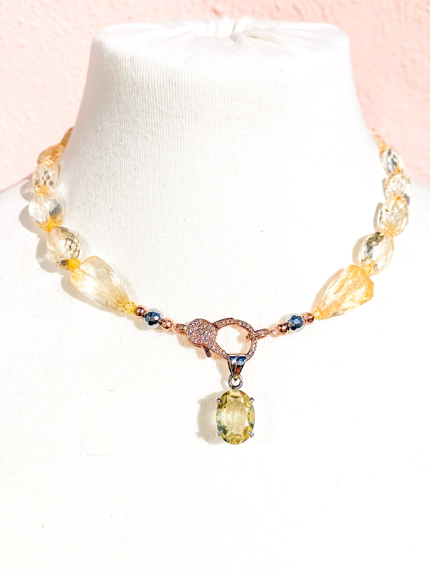 HAUTE : Pale Citrine, Lemon Quartz, Gold, Pearl & CZ Pendant Necklace /H8